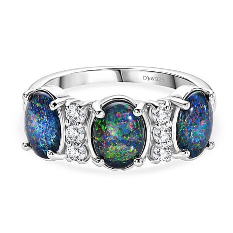 D'Joy - Boulder Opal Triplet & White Zircon 3 Stone Ring in Rhodium Overlay Sterling Silver 2.85 Ct.