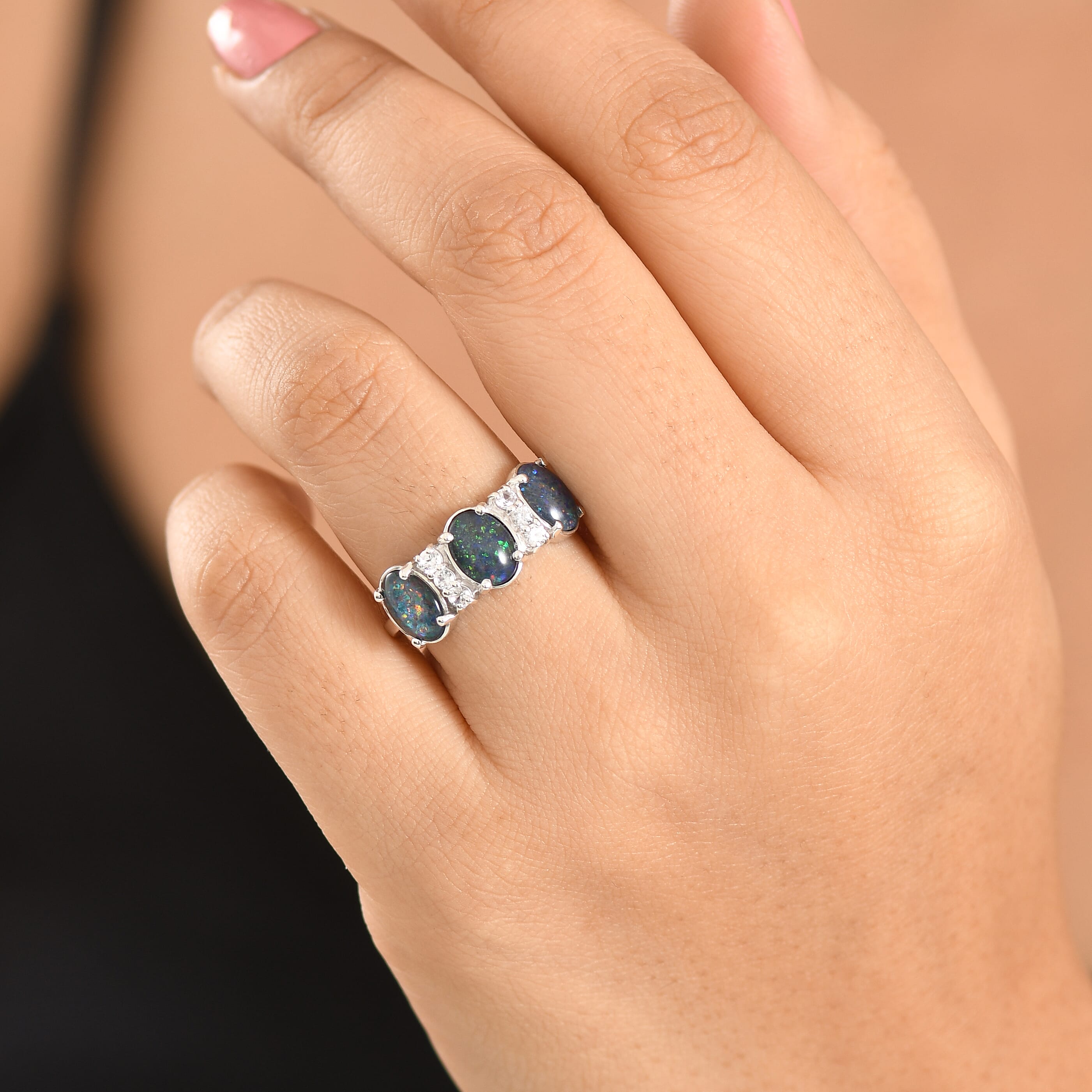 D'Joy - Boulder Opal Triplet & White Zircon 3 Stone Ring in Rhodium Overlay Sterling Silver 2.85 Ct.