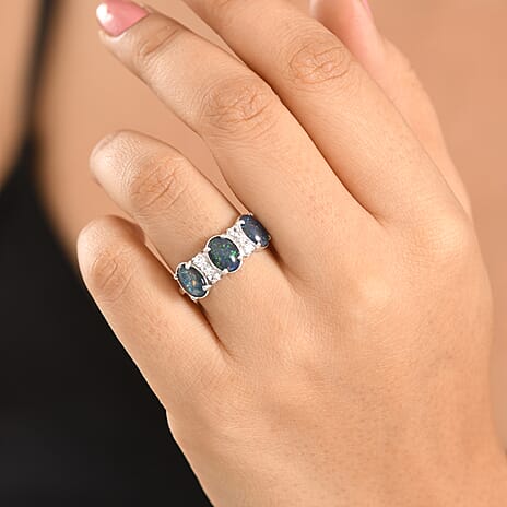 D'Joy - Boulder Opal Triplet & White Zircon 3 Stone Ring in Rhodium Overlay Sterling Silver 2.85 Ct.