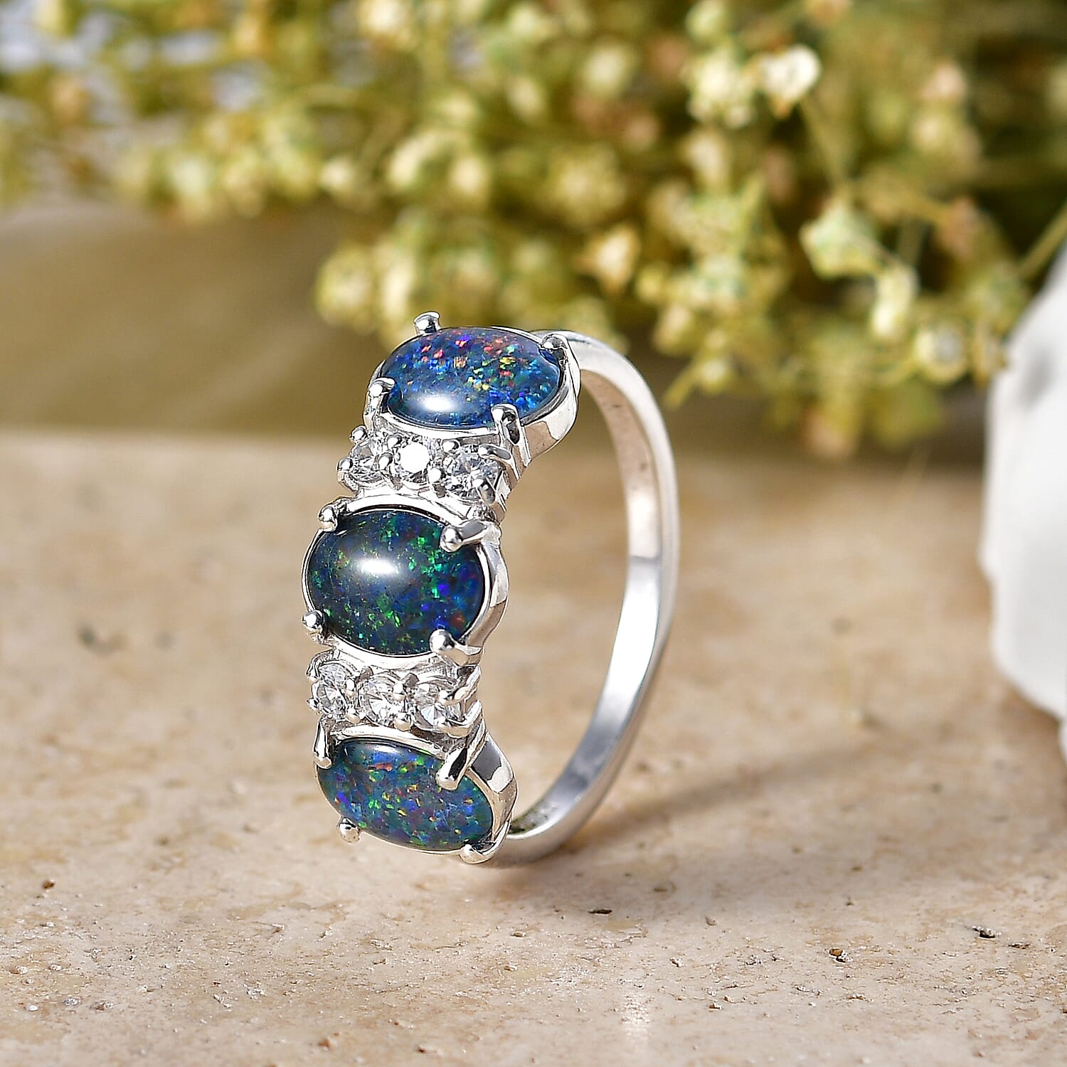 D'Joy - Boulder Opal Triplet & White Zircon 3 Stone Ring in Rhodium Overlay Sterling Silver 2.85 Ct.