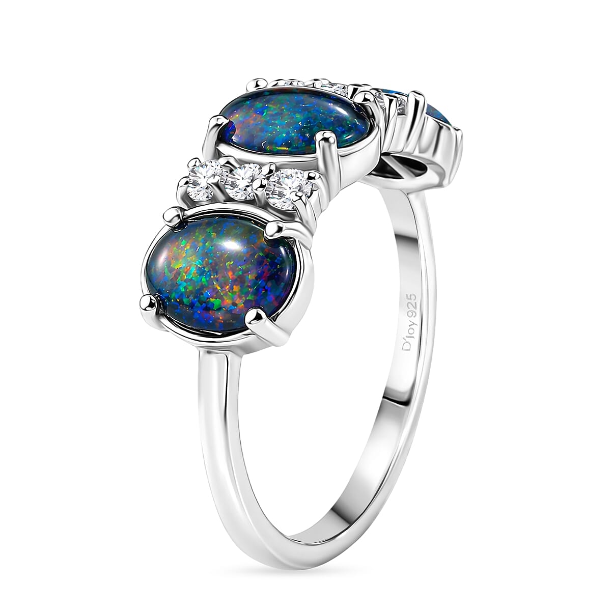 D'Joy - Boulder Opal Triplet & White Zircon 3 Stone Ring in Rhodium Overlay Sterling Silver 2.85 Ct.