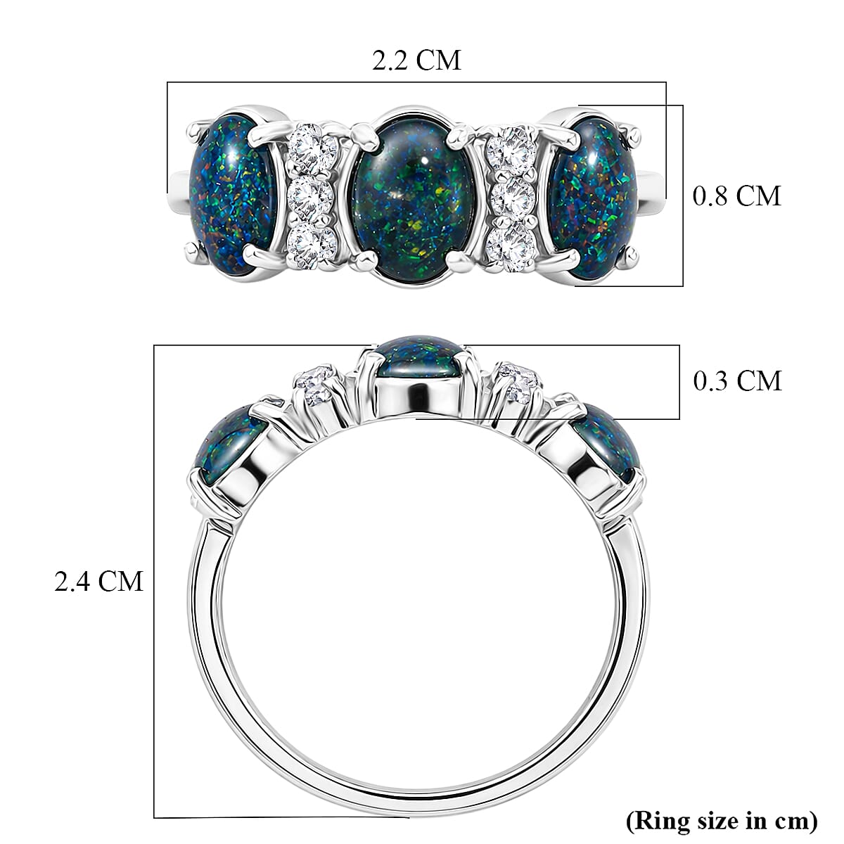 D'Joy - Boulder Opal Triplet & White Zircon 3 Stone Ring in Rhodium Overlay Sterling Silver 2.85 Ct.