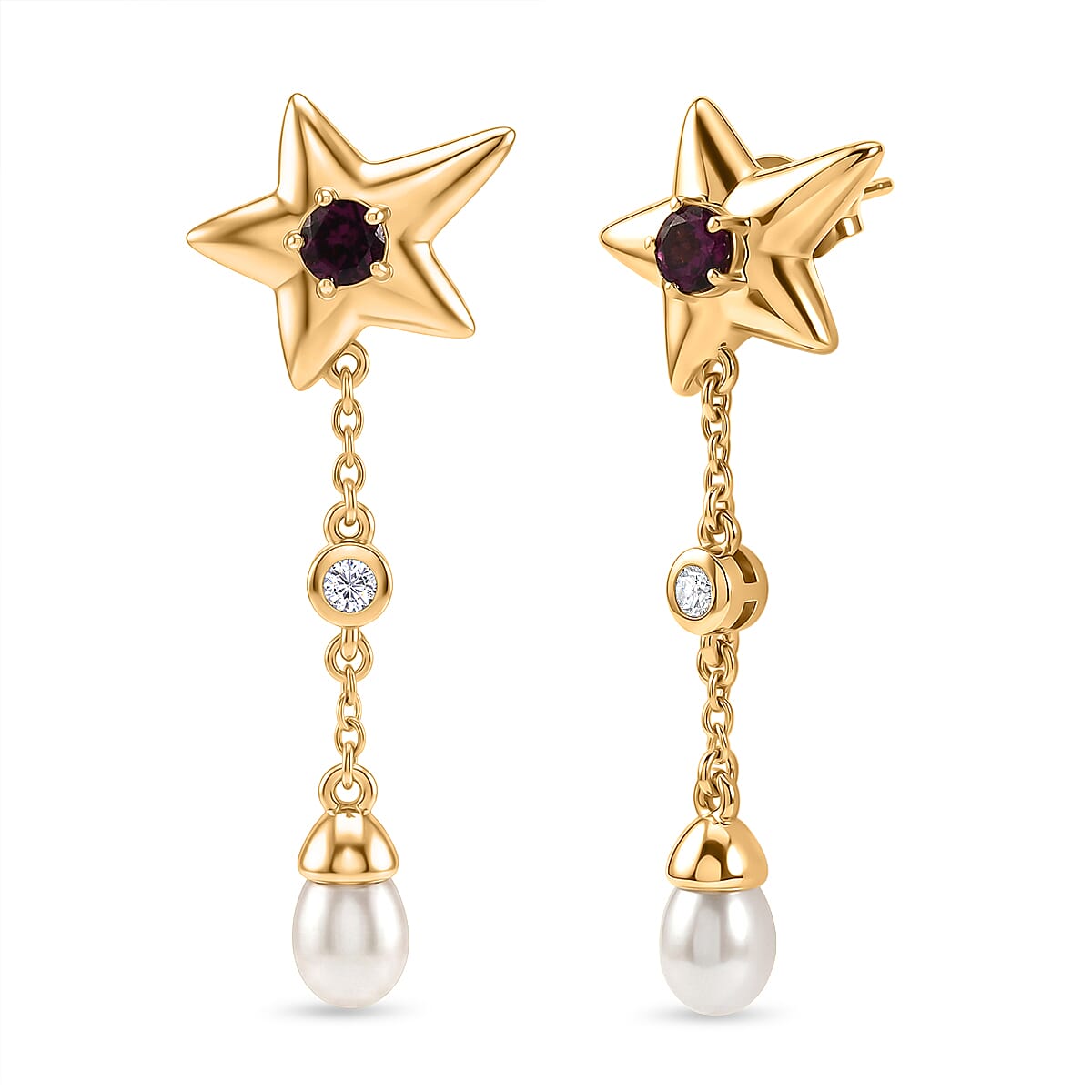 GP - Radiant Ember Garnet, Blue Sapphire, Fresh Water Pearl & White Zircon Dangling Earring with Push Back in 18K Vermeil Yellow Gold Plated Sterling Silver 4.05 Ct.