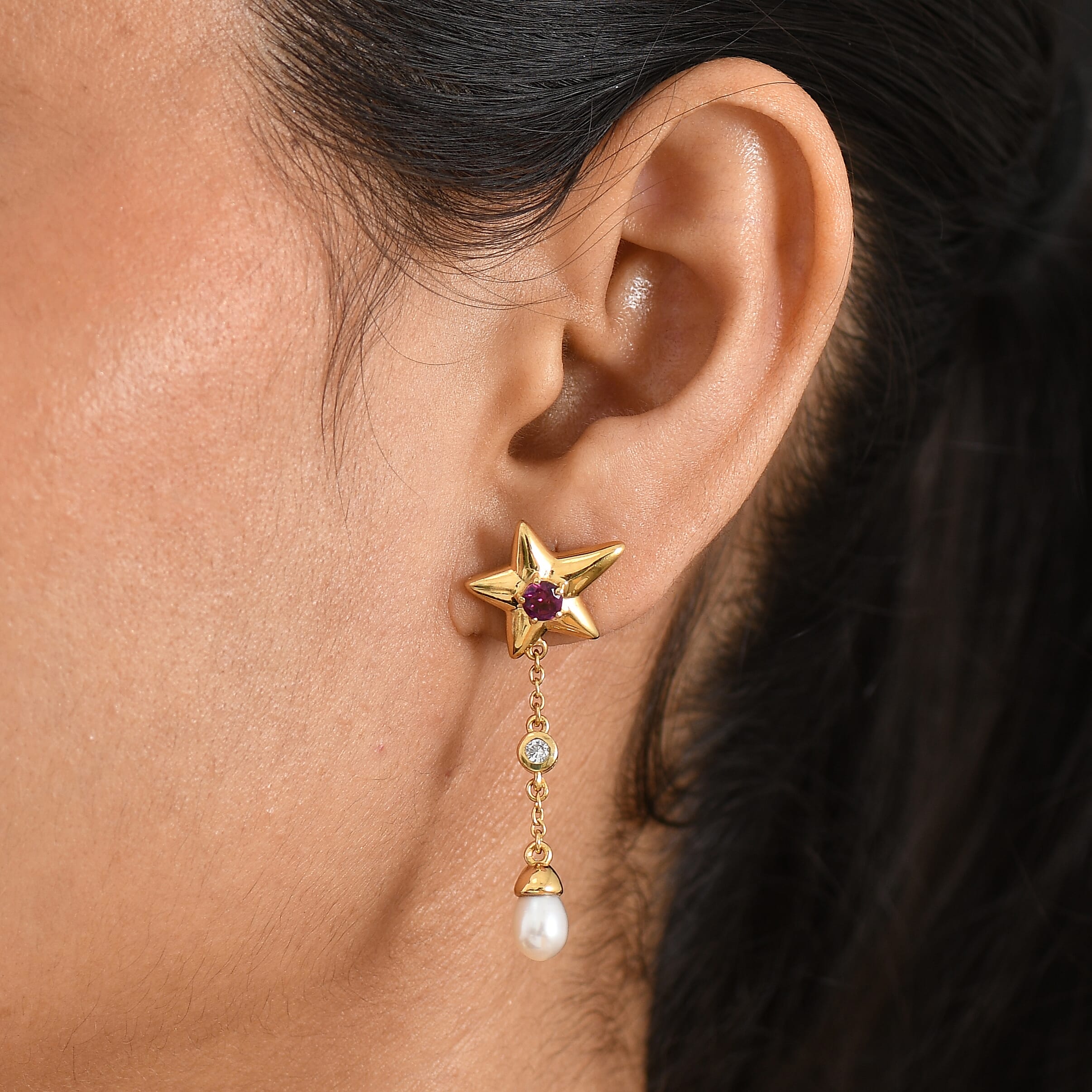 GP - Radiant Ember Garnet, Blue Sapphire, Fresh Water Pearl & White Zircon Dangling Earring with Push Back in 18K Vermeil Yellow Gold Plated Sterling Silver 4.05 Ct.