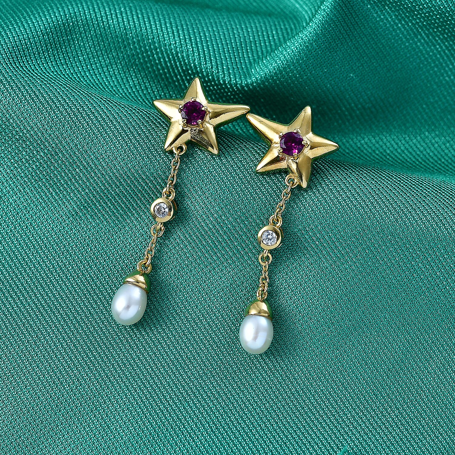GP - Radiant Ember Garnet, Blue Sapphire, Fresh Water Pearl & White Zircon Dangling Earring with Push Back in 18K Vermeil Yellow Gold Plated Sterling Silver 4.05 Ct.