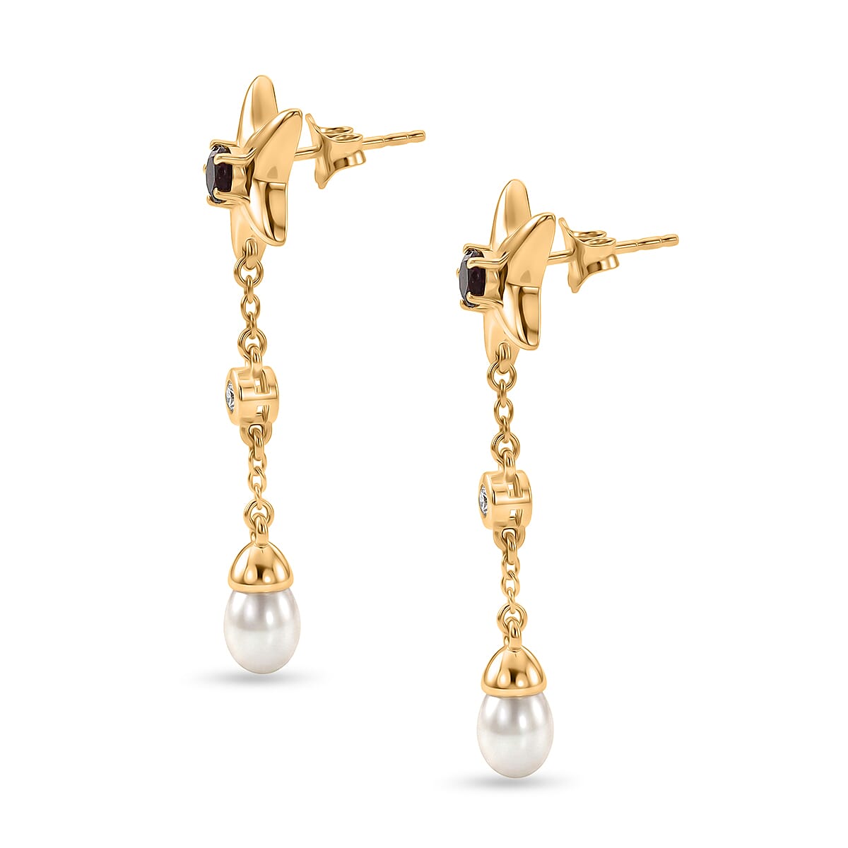 GP - Radiant Ember Garnet, Blue Sapphire, Fresh Water Pearl & White Zircon Dangling Earring with Push Back in 18K Vermeil Yellow Gold Plated Sterling Silver 4.05 Ct.