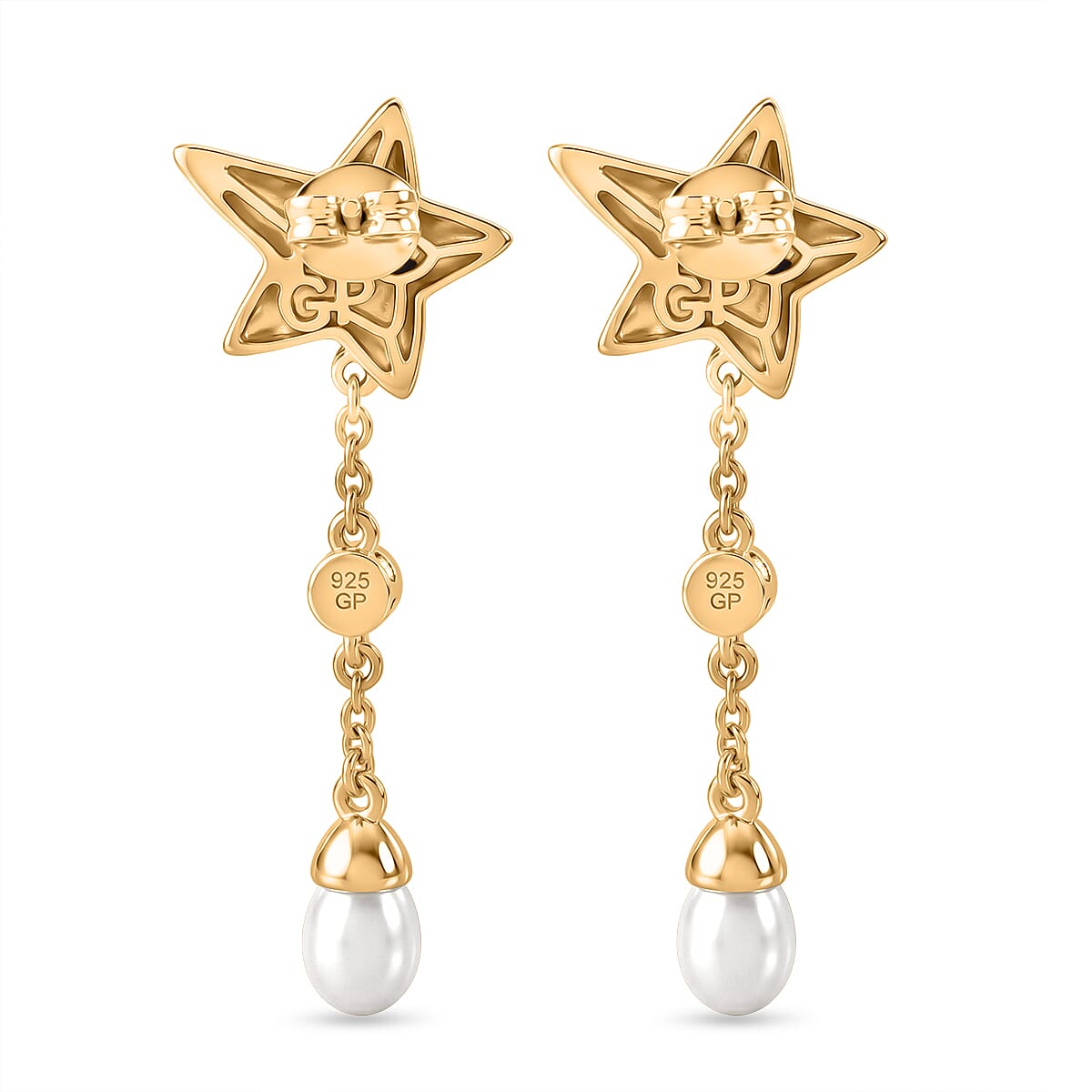 GP - Radiant Ember Garnet, Blue Sapphire, Fresh Water Pearl & White Zircon Dangling Earring with Push Back in 18K Vermeil Yellow Gold Plated Sterling Silver 4.05 Ct.