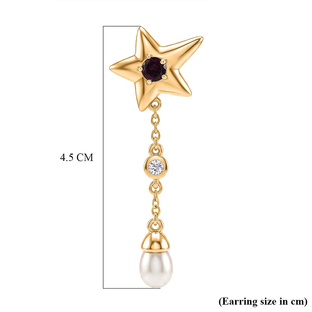 GP - Radiant Ember Garnet, Blue Sapphire, Fresh Water Pearl & White Zircon Dangling Earring with Push Back in 18K Vermeil Yellow Gold Plated Sterling Silver 4.05 Ct.