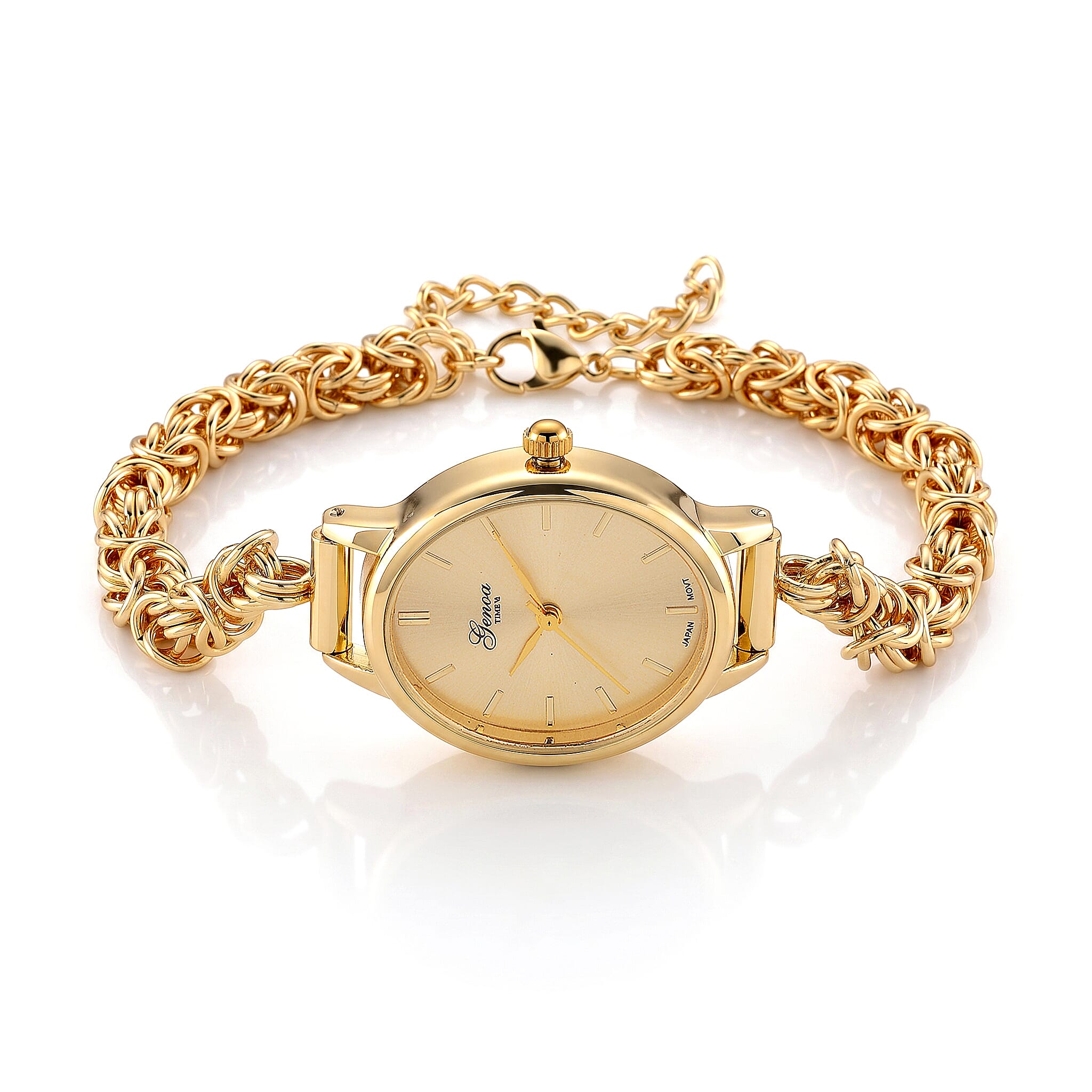 GENOA TIME V2 Byzantine Chain Watch PC21S Japan Movement 3ATM WR Golden Sunshine Dial & PNP Gold Plating Alloy Case Women's Watch with Byzantine Stainless Steel Chain