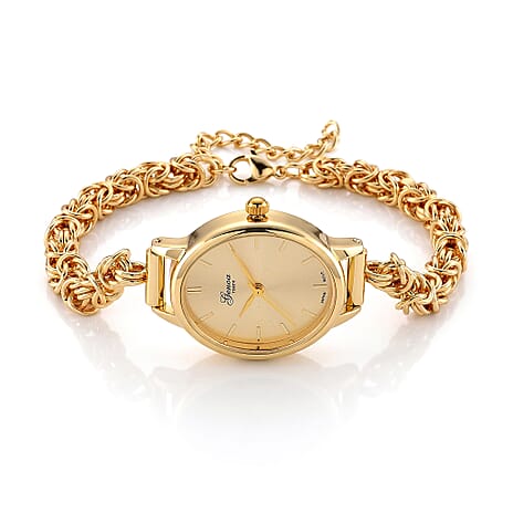 GENOA TIME V2 Byzantine Chain Watch PC21S Japan Movement 3ATM WR Golden Sunshine Dial & PNP Gold Plating Alloy Case Women's Watch with Byzantine Stainless Steel Chain