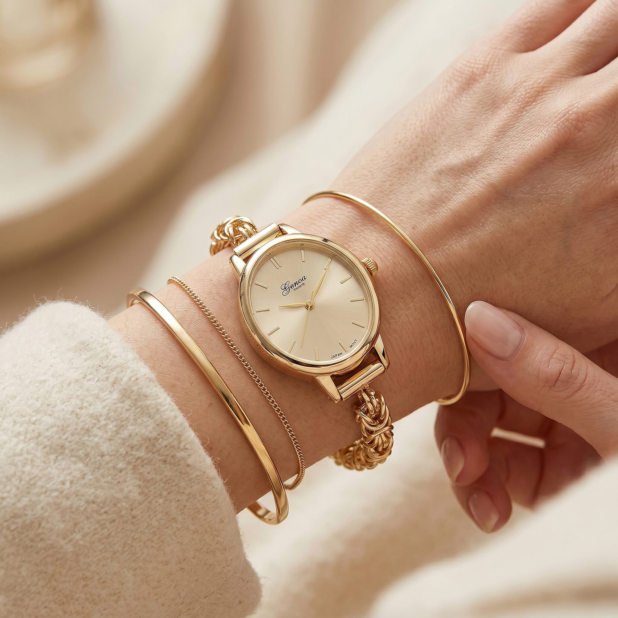 GENOA TIME V2 Byzantine Chain Watch PC21S Japan Movement 3ATM WR Golden Sunshine Dial & PNP Gold Plating Alloy Case Women's Watch with Byzantine Stainless Steel Chain