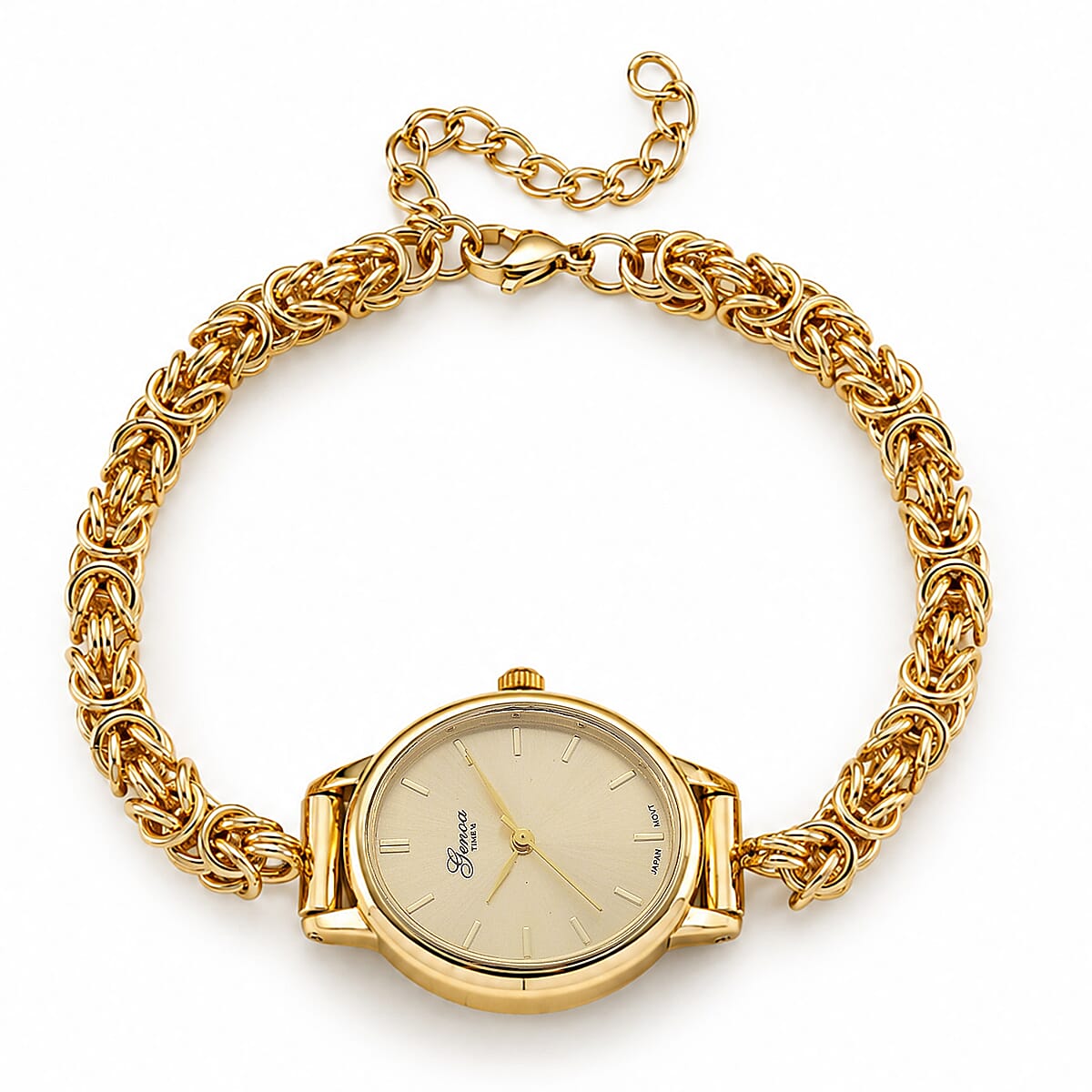 GENOA TIME V2 Byzantine Chain Watch PC21S Japan Movement 3ATM WR Golden Sunshine Dial & PNP Gold Plating Alloy Case Women's Watch with Byzantine Stainless Steel Chain