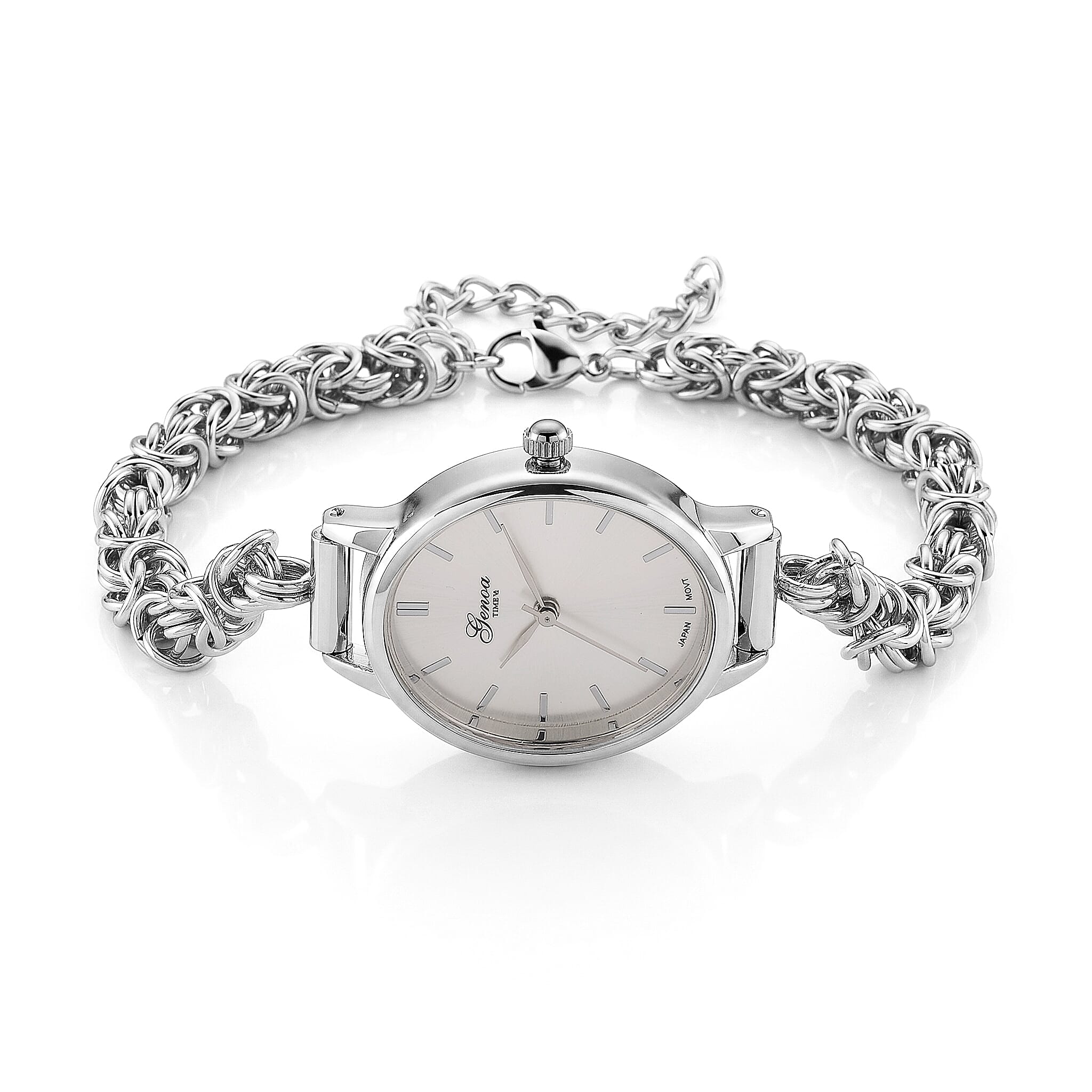 GENOA TIME V2 Byzantine Chain Watch PC21S Japan Movement 3ATM WR White Sunshine Dial & PNP Steel Plating Alloy Case Women's Watch with Byzantine Stainless Steel Chain