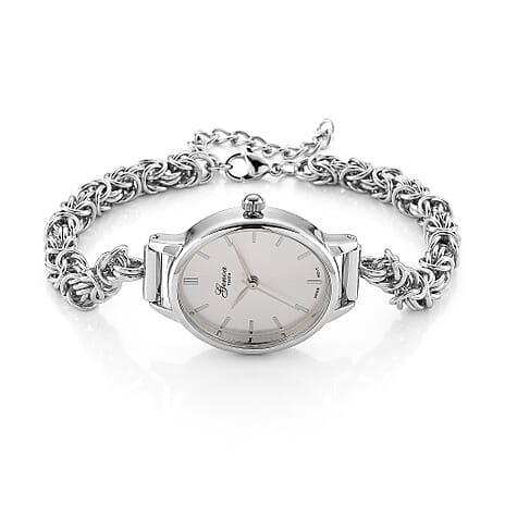 GENOA TIME V2 Byzantine Chain Watch PC21S Japan Movement 3ATM WR White Sunshine Dial & PNP Steel Plating Alloy Case Women's Watch with Byzantine Stainless Steel Chain