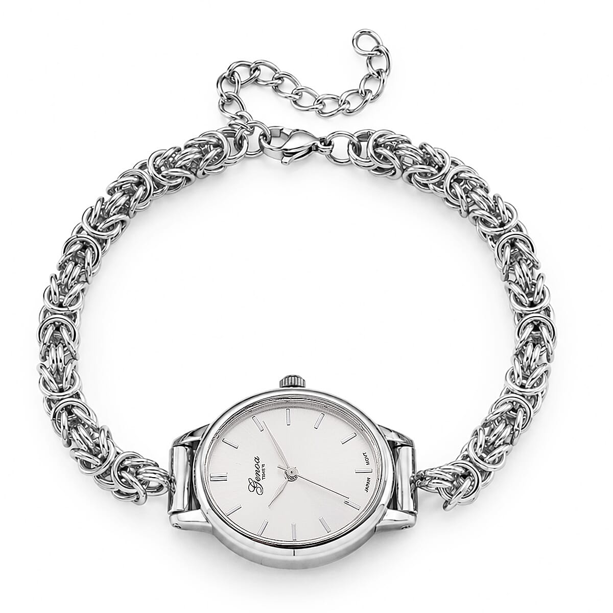 GENOA TIME V2 Byzantine Chain Watch PC21S Japan Movement 3ATM WR White Sunshine Dial & PNP Steel Plating Alloy Case Women's Watch with Byzantine Stainless Steel Chain