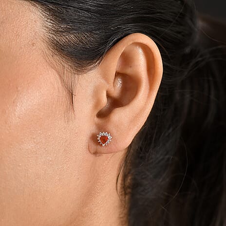 D'Joy - Fire Opal & White Zircon Solitaire Stud Push Post Earring in Platinum Overlay Sterling Silver