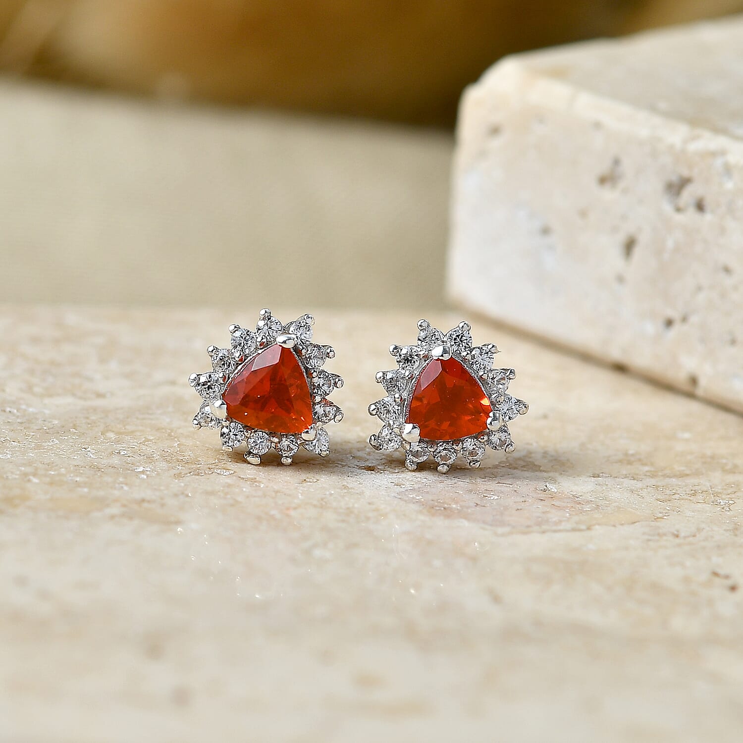 D'Joy - Fire Opal & White Zircon Solitaire Stud Push Post Earring in Platinum Overlay Sterling Silver