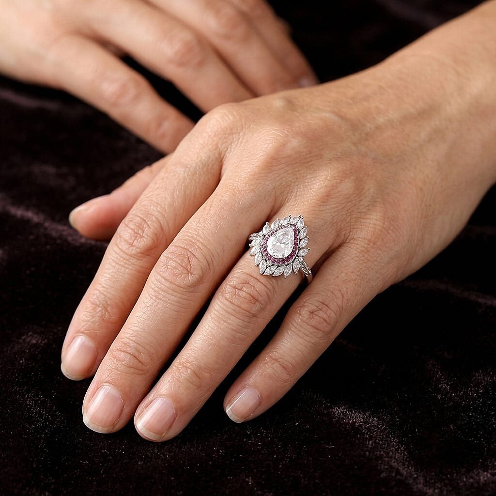 D'Joy - Moissanite & Pink Sapphire Ring in Rhodium Overlay Sterling Silver 3.80 Ct.