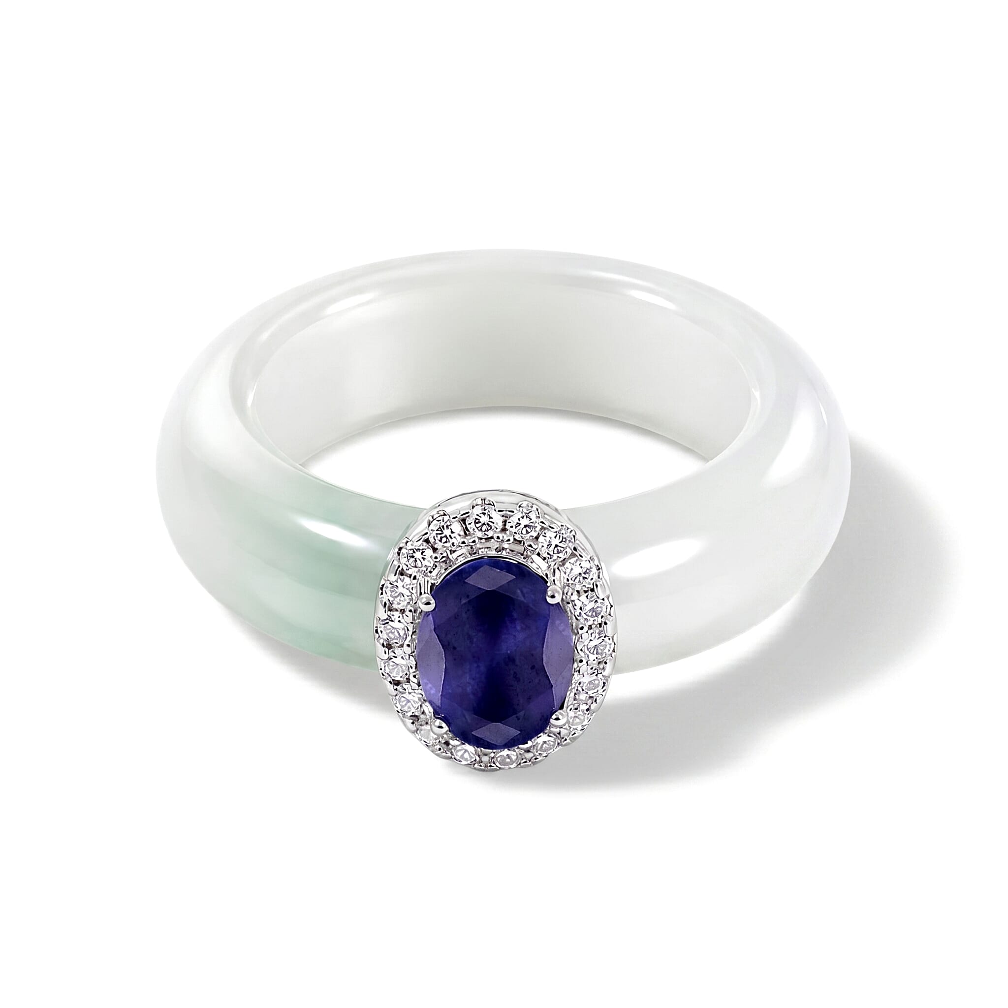 D'Joy - Tanzanite, Dyed Green Jade & Moissanite Halo Band Ring in Rhodium Overlay Sterling Silver 15.50 Ct.
