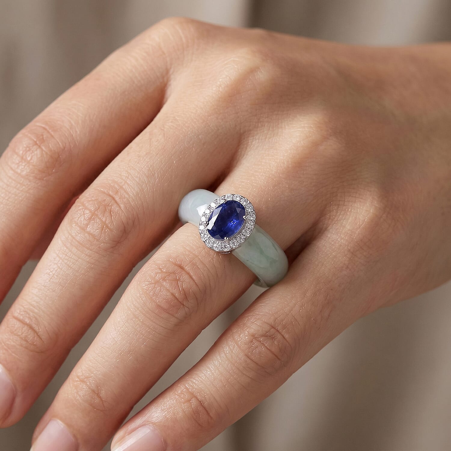 D'Joy - Tanzanite, Dyed Green Jade & Moissanite Halo Band Ring in Rhodium Overlay Sterling Silver 15.50 Ct.