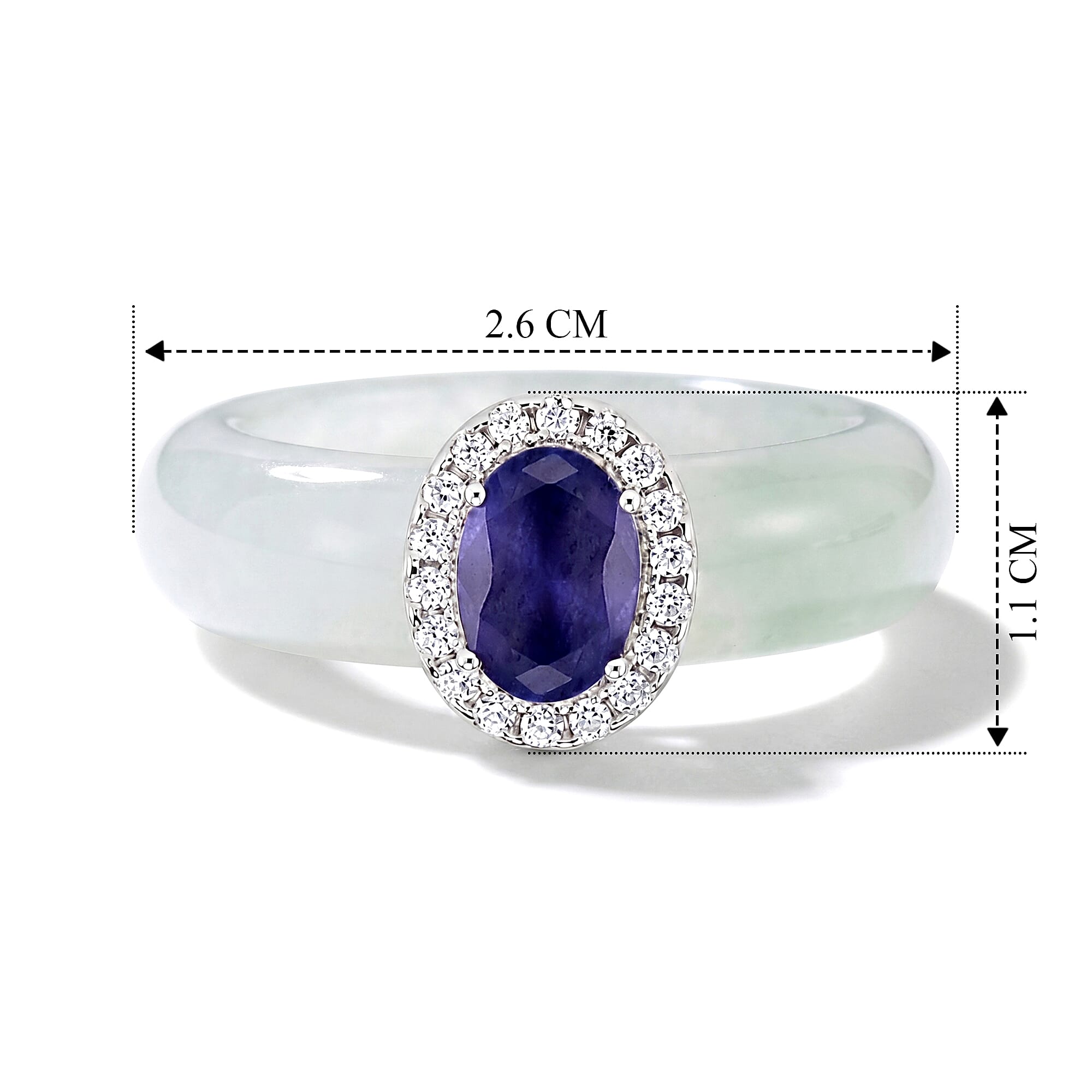 D'Joy - Tanzanite, Dyed Green Jade & Moissanite Halo Band Ring in Rhodium Overlay Sterling Silver 15.50 Ct.