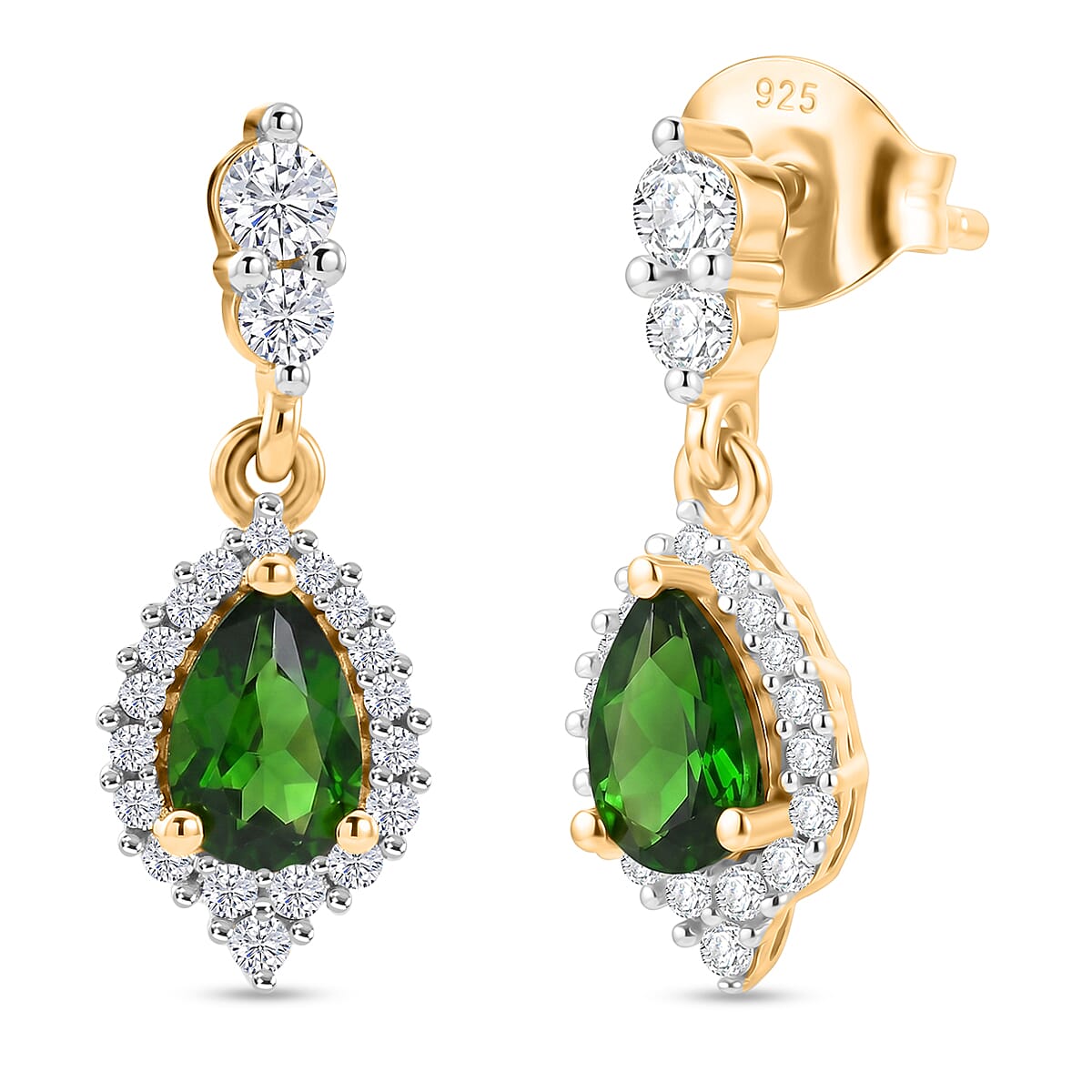 D'Joy - Natural Chrome Diopside & White Zircon Dangling Earring with Push Post in Yellow Gold Plated Sterling Silver 1.50 Ct.