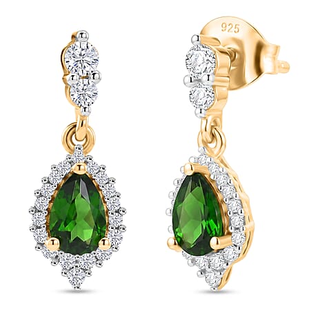 D'Joy - Natural Chrome Diopside & White Zircon Dangling Earring with Push Post in Yellow Gold Plated Sterling Silver 1.50 Ct.