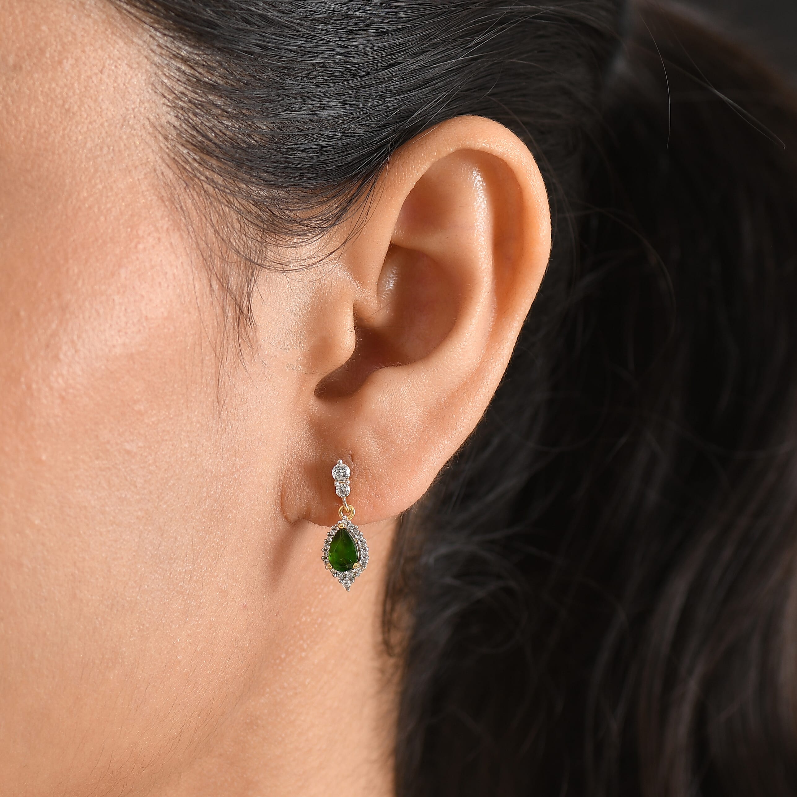 D'Joy - Natural Chrome Diopside & White Zircon Dangling Earring with Push Post in Yellow Gold Plated Sterling Silver 1.50 Ct.