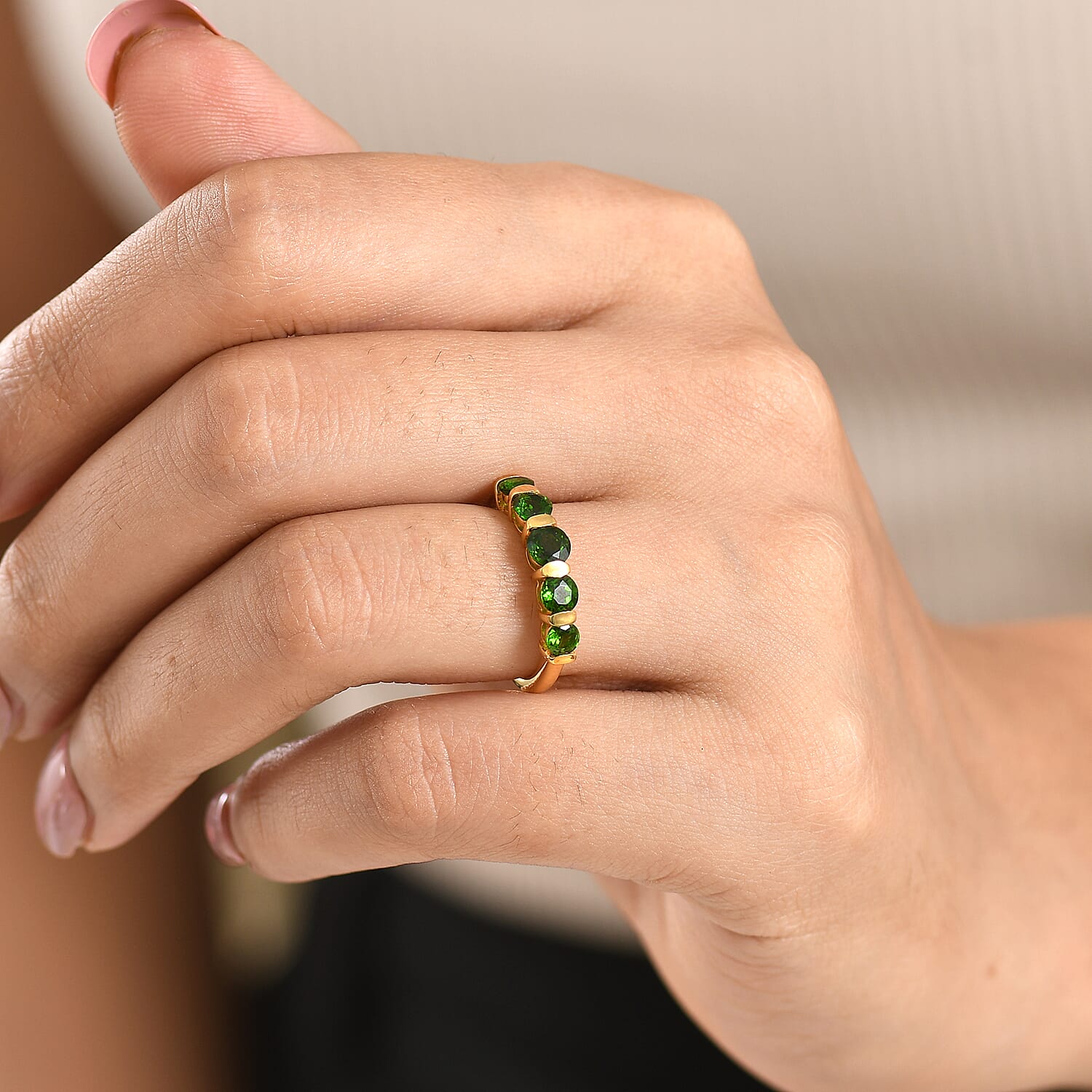 D'Joy - Natural Chrome Diopside 5 Stone Ring in Yellow Gold Plated Sterling Silver 1.40 Ct.