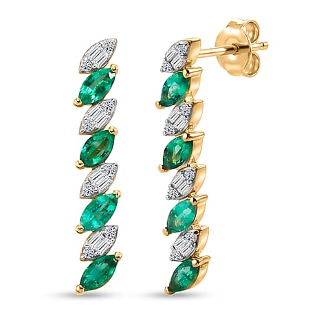 Luxuriant - AAA Zambian Emerald & Lab Grown Diamond (SI-G-H) Earring with Push Post in 18K Vermeil Yellow Gold Plated Sterling Silver 1.08 Ct.