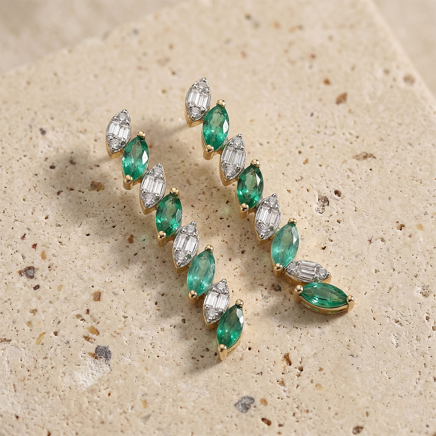 Luxuriant - AAA Zambian Emerald & Lab Grown Diamond (SI-G-H) Earring with Push Post in 18K Vermeil Yellow Gold Plated Sterling Silver 1.08 Ct.