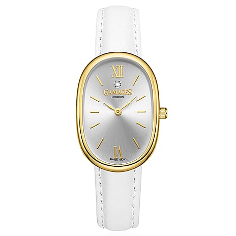 GAMAGES OF LONDON Eternal Diamond Swiss Quartz 3ATM Ladies Watch with Steel Case & Leather Strapl - Gold White