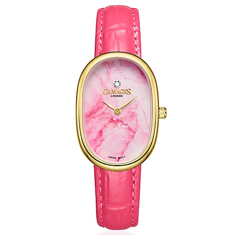 GAMAGES OF LONDON Divine Diamond Swiss Quartz 3ATM Ladies Watch with Steel Case & Leather Strap - Gold-Pink