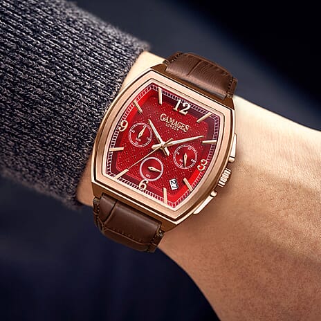 GAMAGES OF LONDON Lancaster Limited Edition Hand Assembled Mechanical Quartz Mens Watch in Stainless Steel - Rose Red