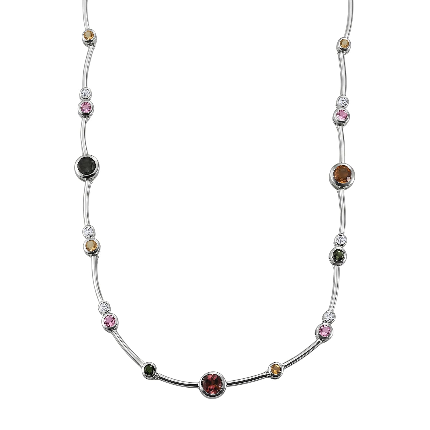 D'Joy - Multi-Tourmaline & White Zircon Necklace (Size - 20) with Lobster Clasp in Rhodium Overlay Sterling Silver 4.90 Ct, Silver Wt. 11.46 Gms