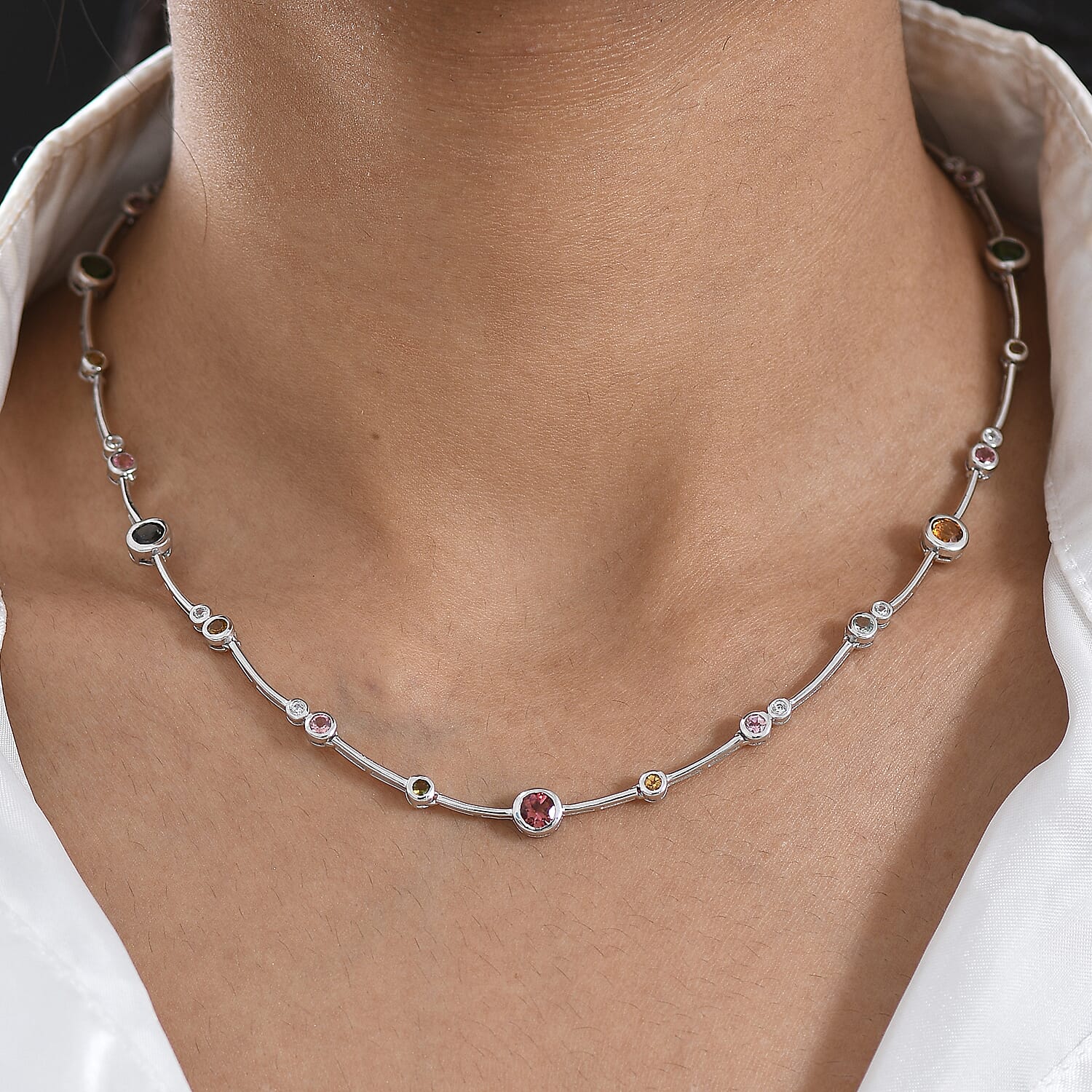 D'Joy - Multi-Tourmaline & White Zircon Necklace (Size - 20) with Lobster Clasp in Rhodium Overlay Sterling Silver 4.90 Ct, Silver Wt. 11.46 Gms