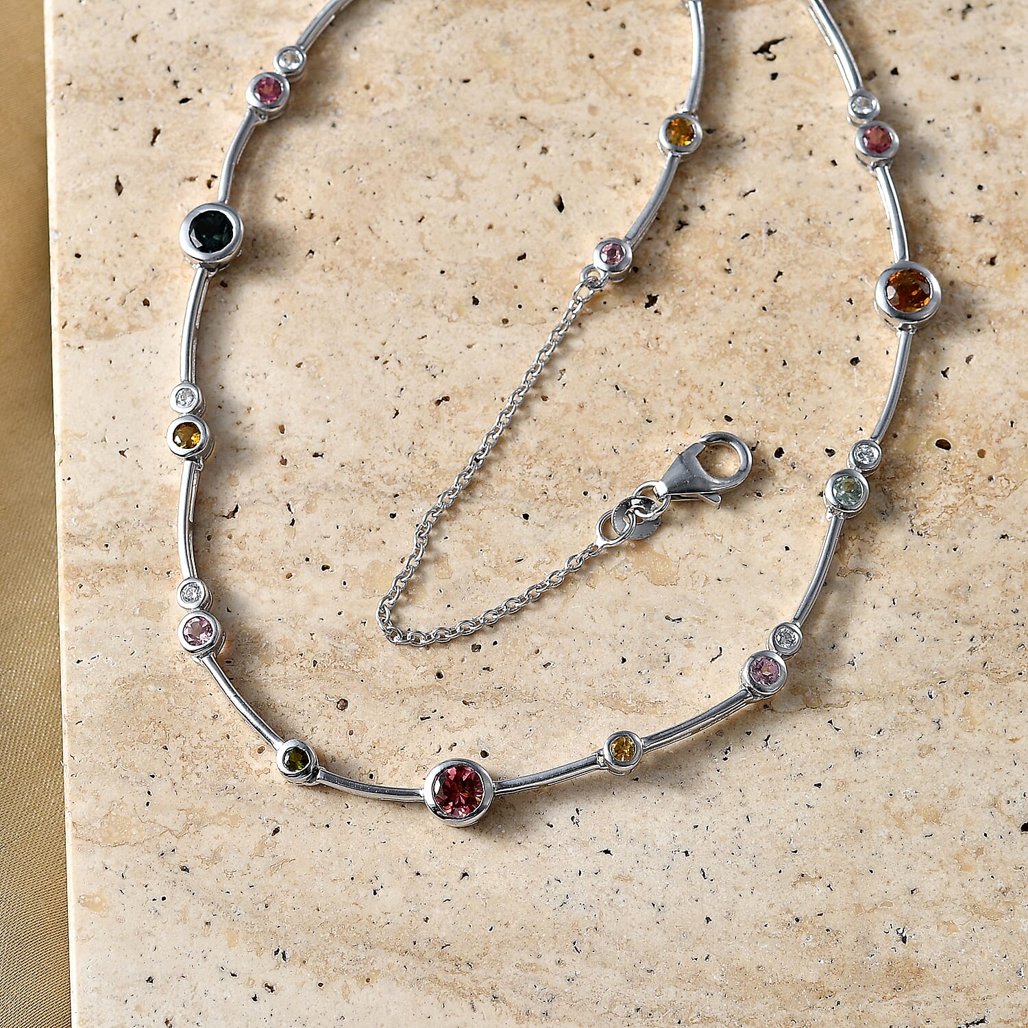 D'Joy - Multi-Tourmaline & White Zircon Necklace (Size - 20) with Lobster Clasp in Rhodium Overlay Sterling Silver 4.90 Ct, Silver Wt. 11.46 Gms