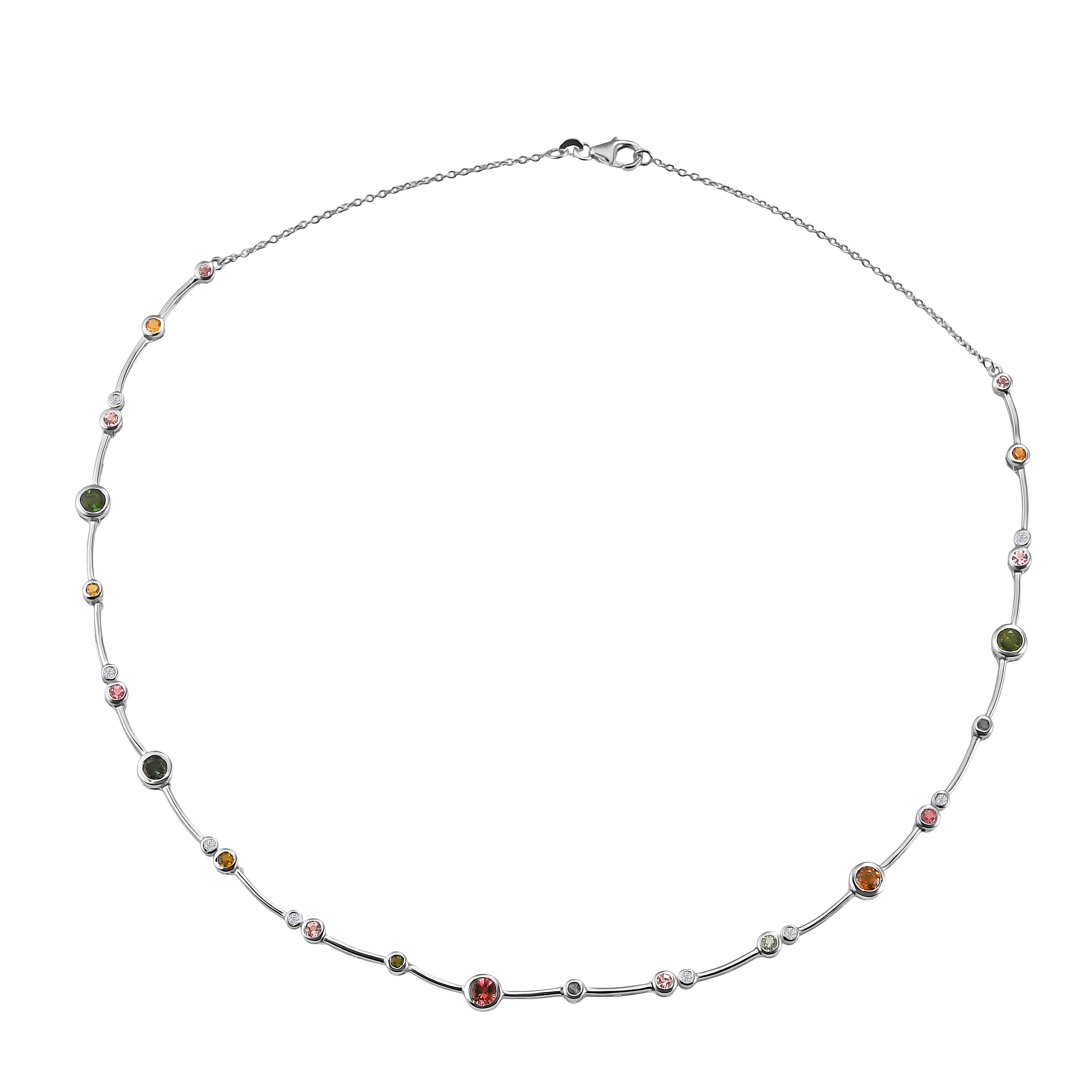 D'Joy - Multi-Tourmaline & White Zircon Necklace (Size - 20) with Lobster Clasp in Rhodium Overlay Sterling Silver 4.90 Ct, Silver Wt. 11.46 Gms