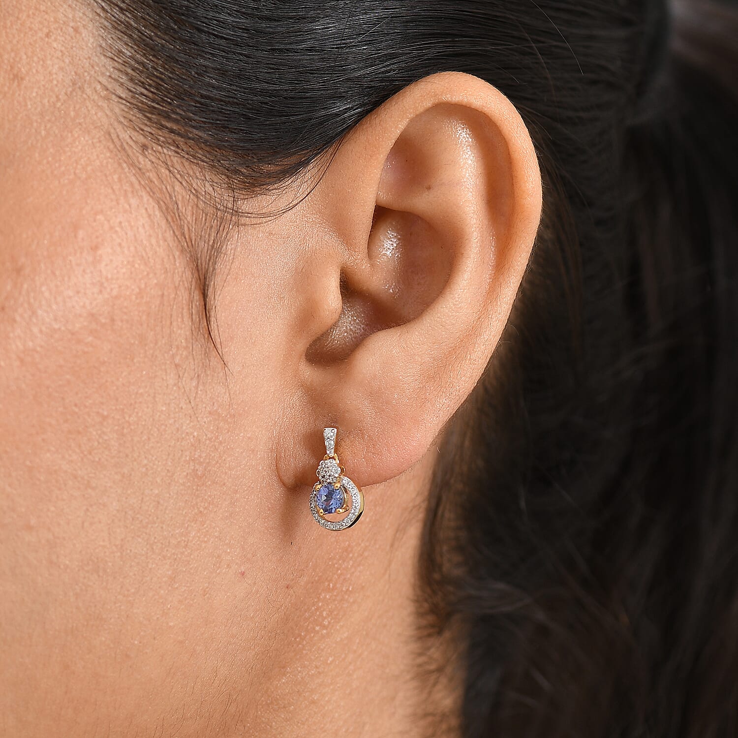 D'Joy - Tanzanite & White Zircon Dangling Earring with Push Post in 18K Vermeil Yellow Gold Plated Sterling Silver 1.00 Ct.