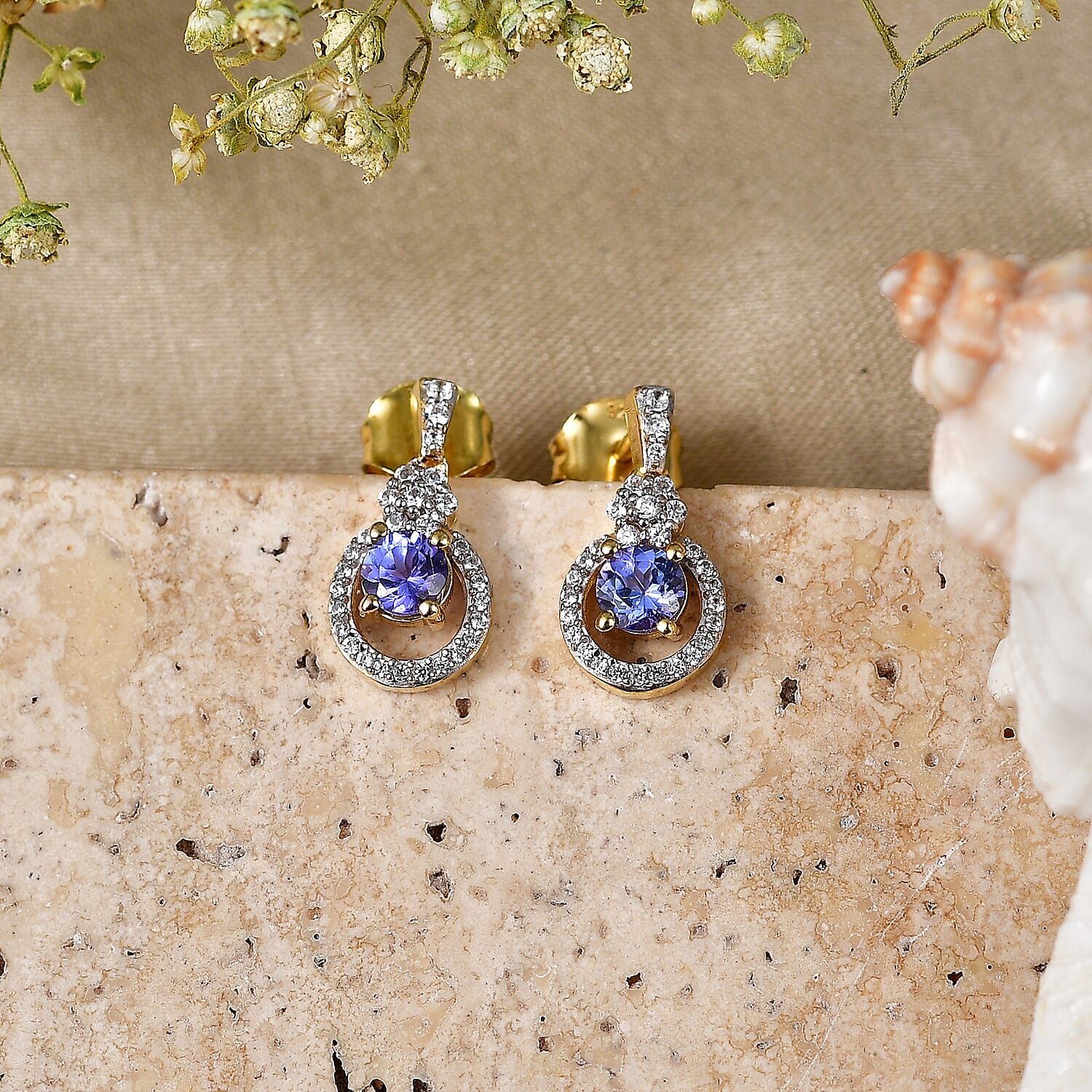 D'Joy - Tanzanite & White Zircon Dangling Earring with Push Post in 18K Vermeil Yellow Gold Plated Sterling Silver 1.00 Ct.
