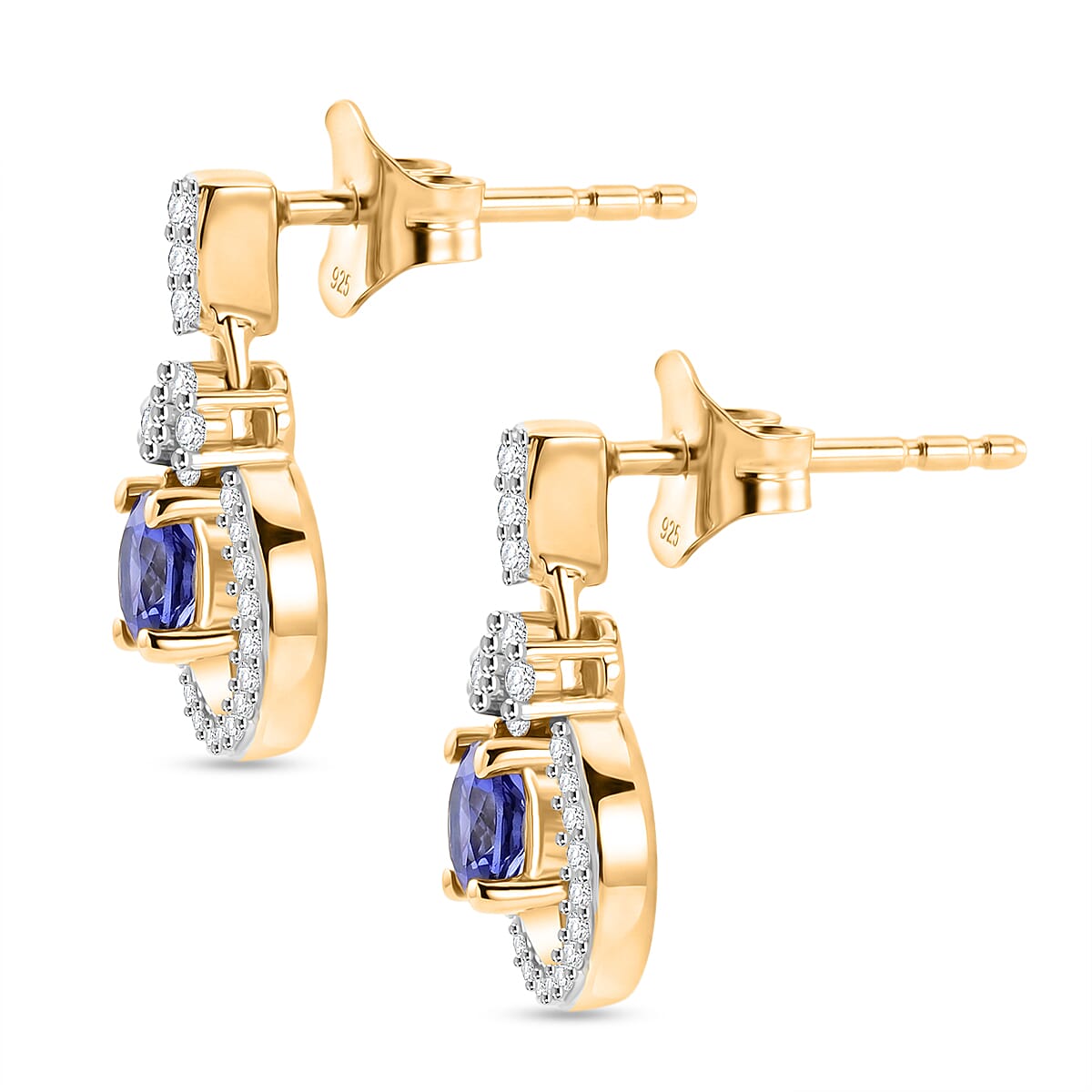D'Joy - Tanzanite & White Zircon Dangling Earring with Push Post in 18K Vermeil Yellow Gold Plated Sterling Silver 1.00 Ct.