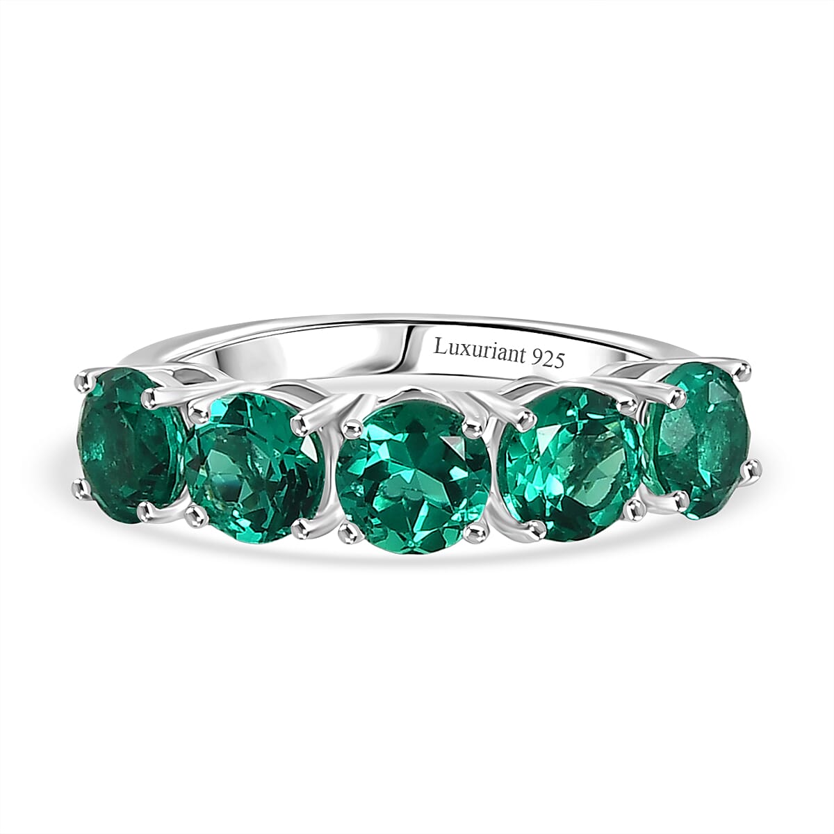 Luxuriant - AAA Lab Grown Columbian Emerald 5 Stone Ring in Rhodium Overlay Sterling Silver 2.40 Ct.