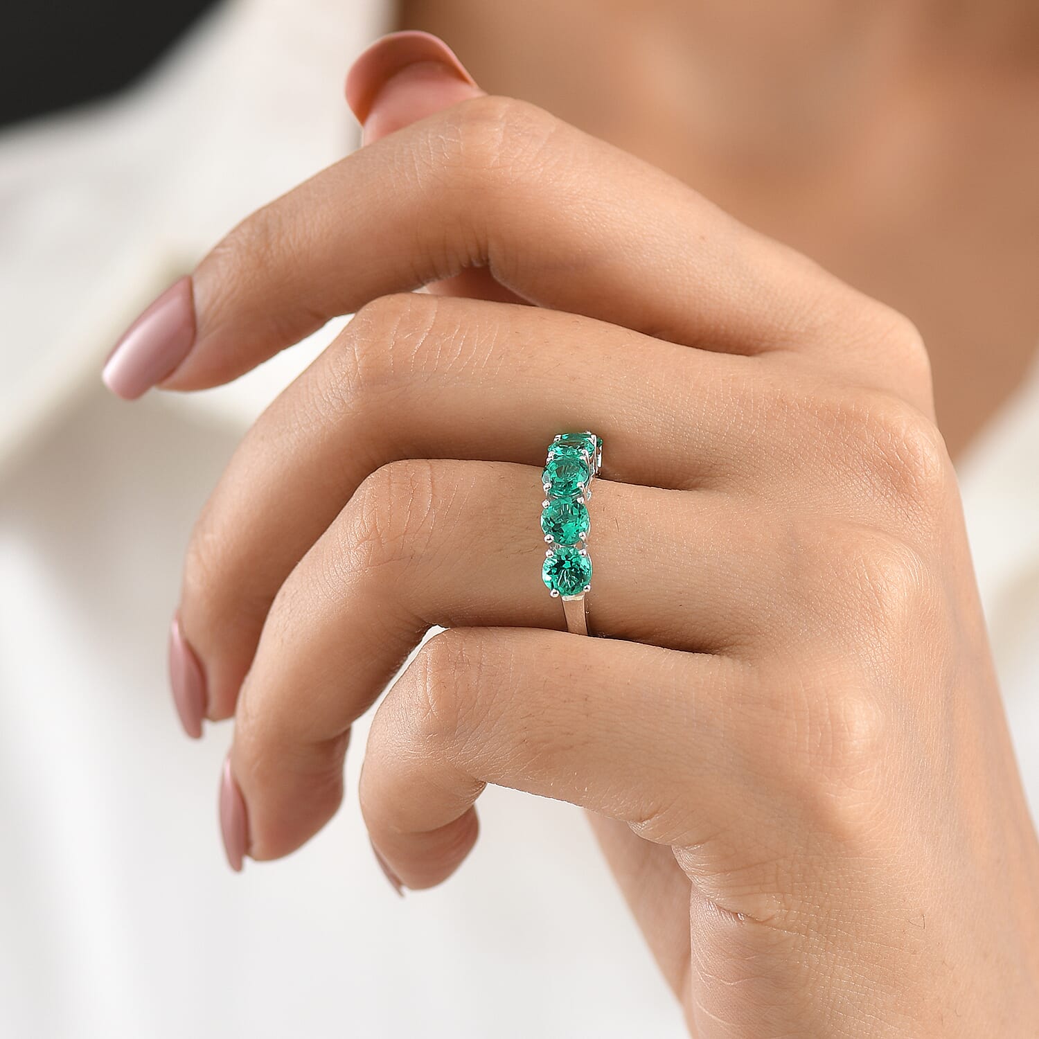 Luxuriant - AAA Lab Grown Columbian Emerald 5 Stone Ring in Rhodium Overlay Sterling Silver 2.40 Ct.