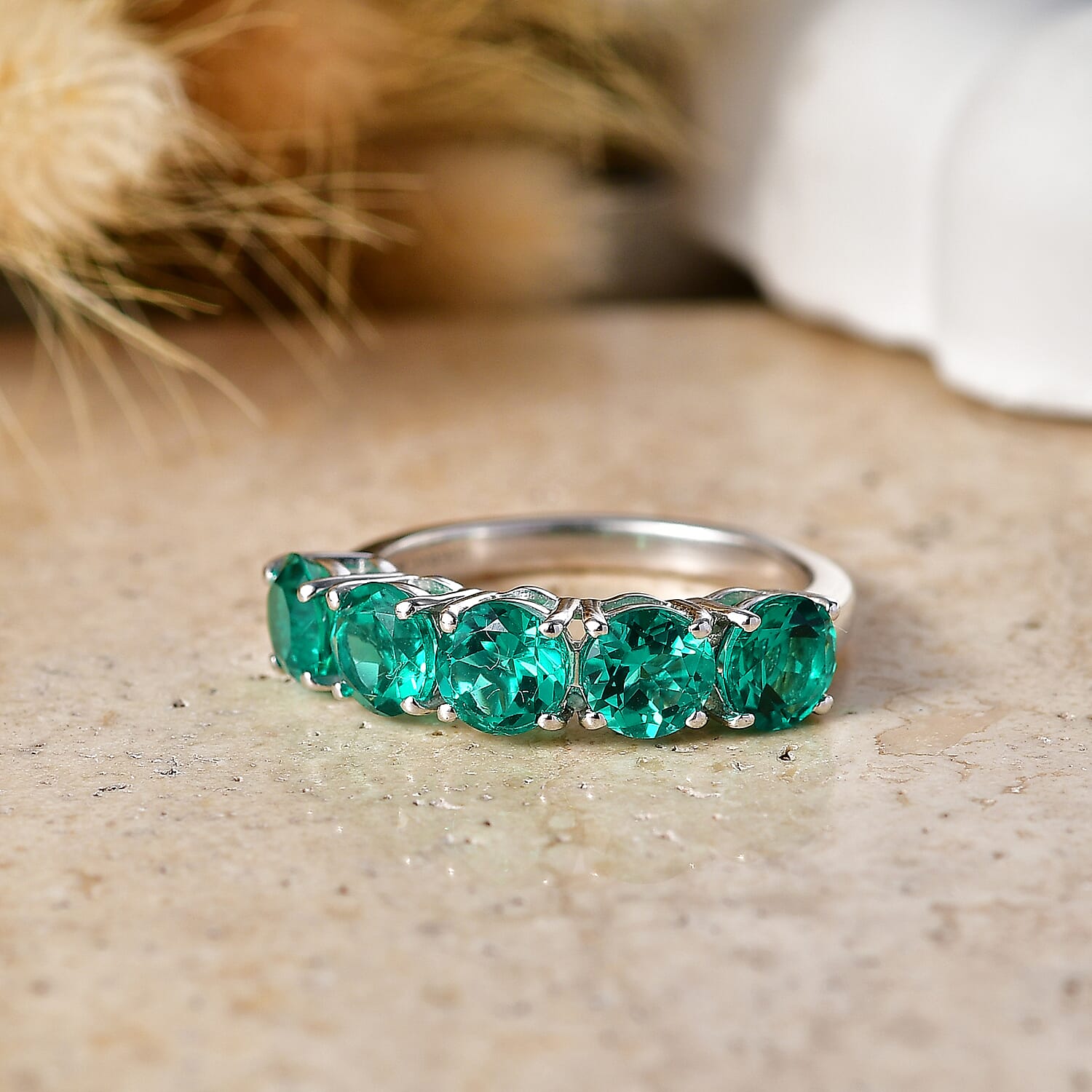 Luxuriant - AAA Lab Grown Columbian Emerald 5 Stone Ring in Rhodium Overlay Sterling Silver 2.40 Ct.