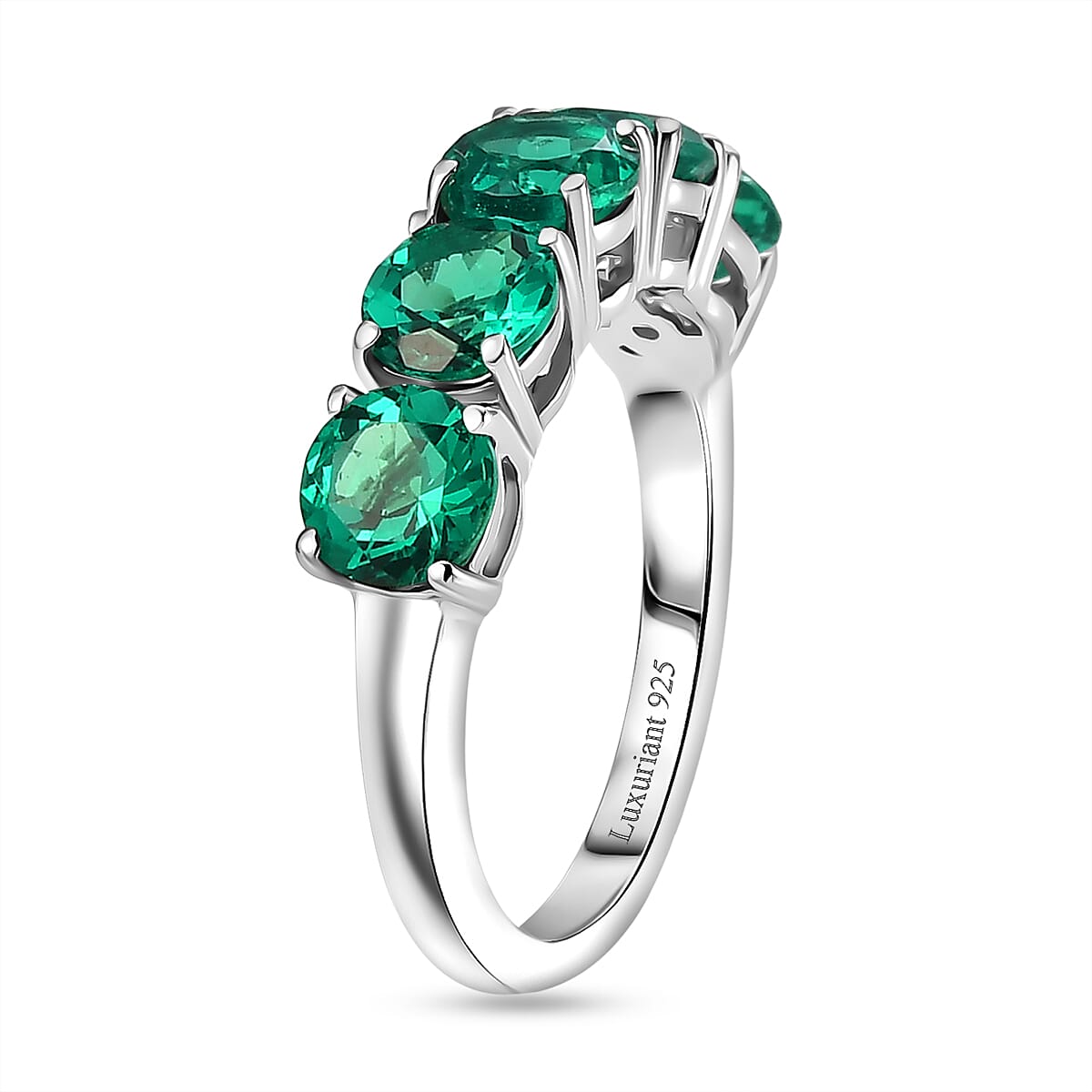 Luxuriant - AAA Lab Grown Columbian Emerald 5 Stone Ring in Rhodium Overlay Sterling Silver 2.40 Ct.
