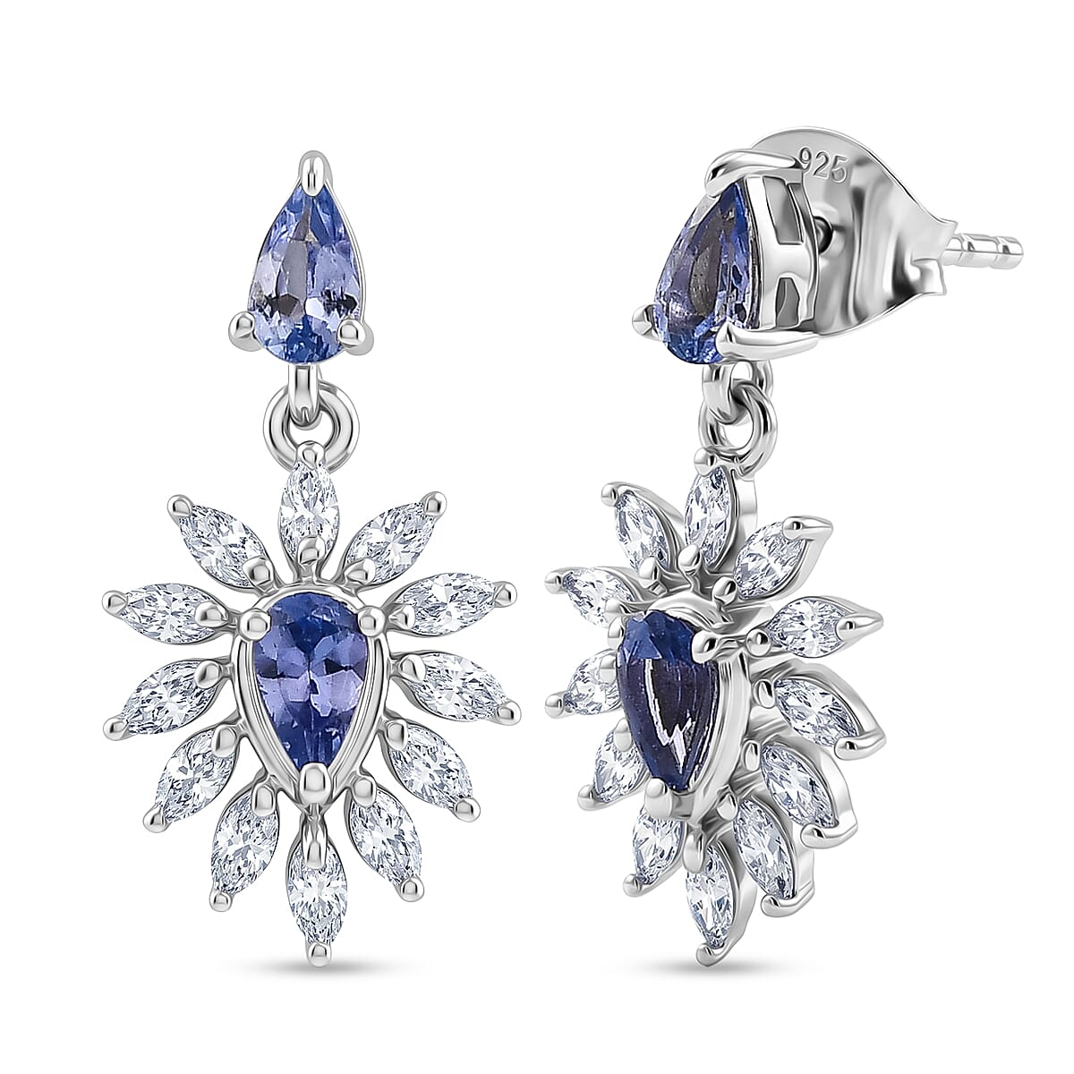D'Joy - Tanzanite & Moissanite Dangling Earring in Rhodium Overlay Sterling Silver 1.12 Ct.