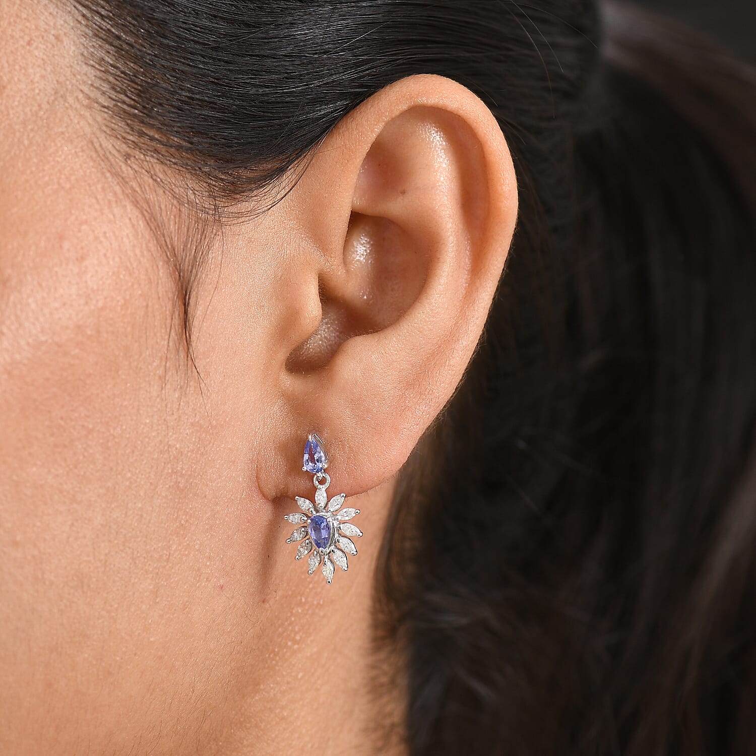 D'Joy - Tanzanite & Moissanite Dangling Earring in Rhodium Overlay Sterling Silver 1.12 Ct.
