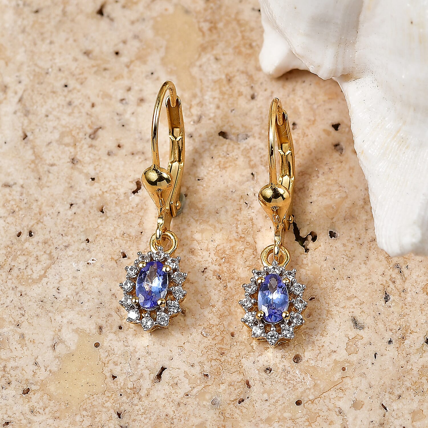 D'Joy - Tanzanite & White Zircon Living Creature Halo Earring with Lever Back in 18K Vermeil Yellow Gold Plated Sterling Silver