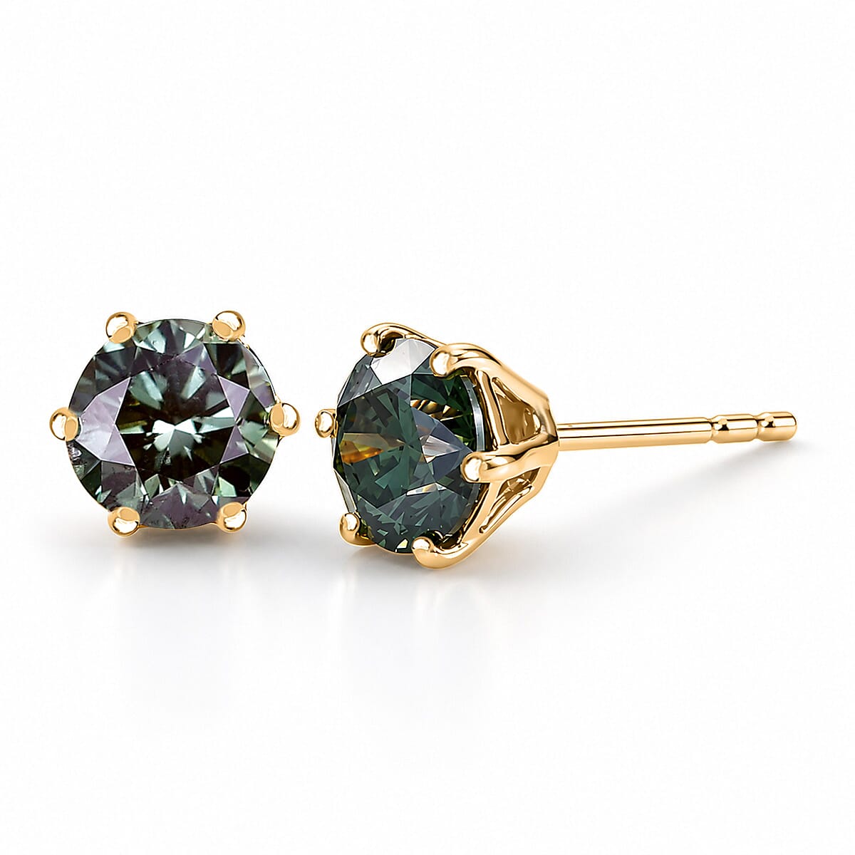 Luxuriant - 9K Yellow Gold SGL Certified Lab Grown Green Diamond (SI-G-H) Solitaire Stud Push Post Earring 2.06 Ct.