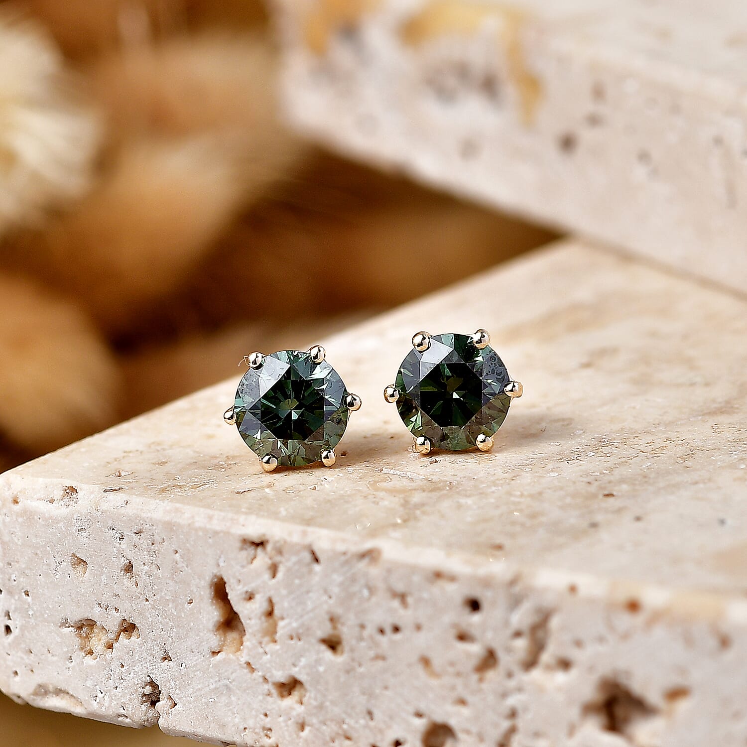 Luxuriant - 9K Yellow Gold SGL Certified Lab Grown Green Diamond (SI-G-H) Solitaire Stud Push Post Earring 2.06 Ct.